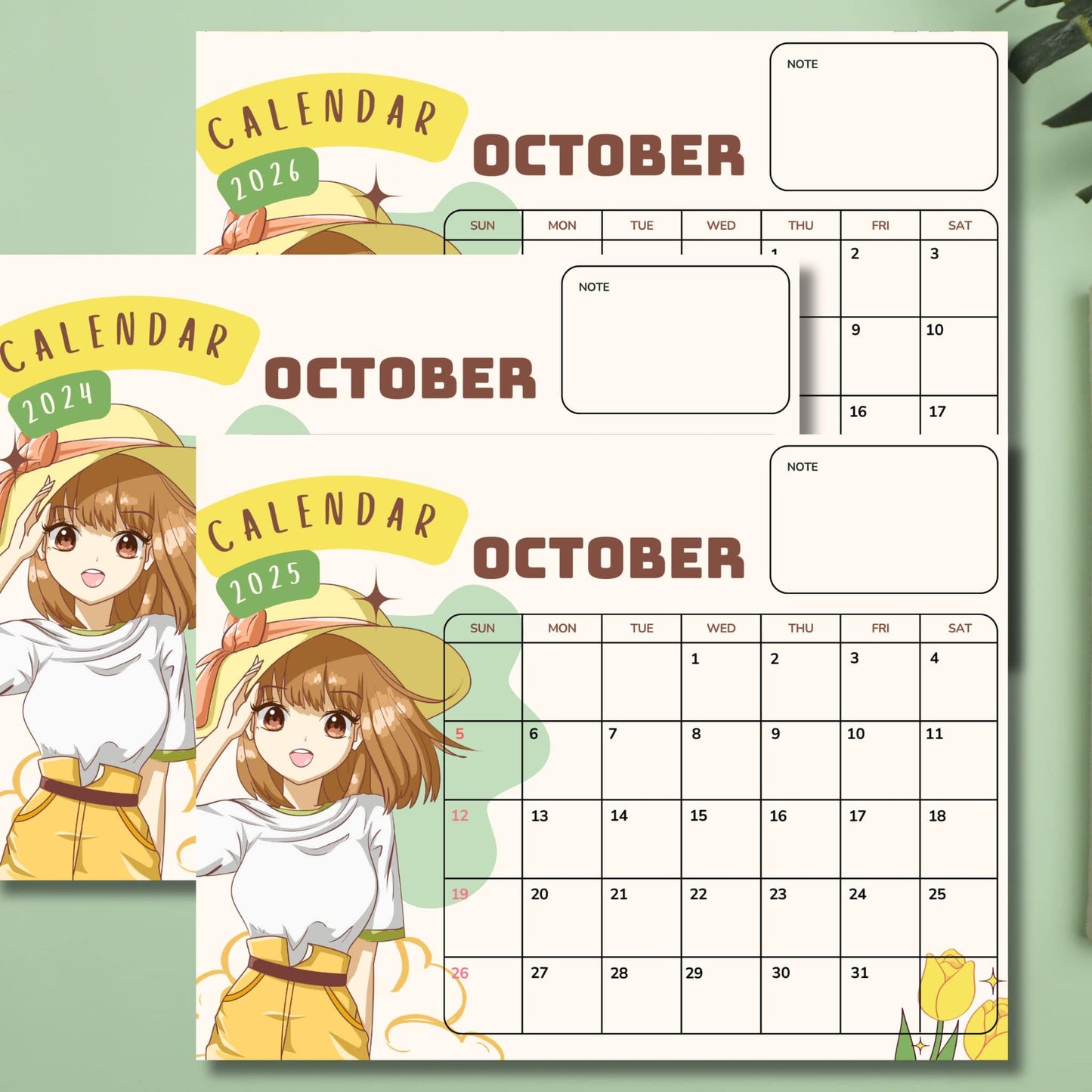 Set of October calendars for 2024-2026 with cheerful anime girl illustration. Calendars feature yellow-green color scheme, full month layouts, and note sections on mint green background."