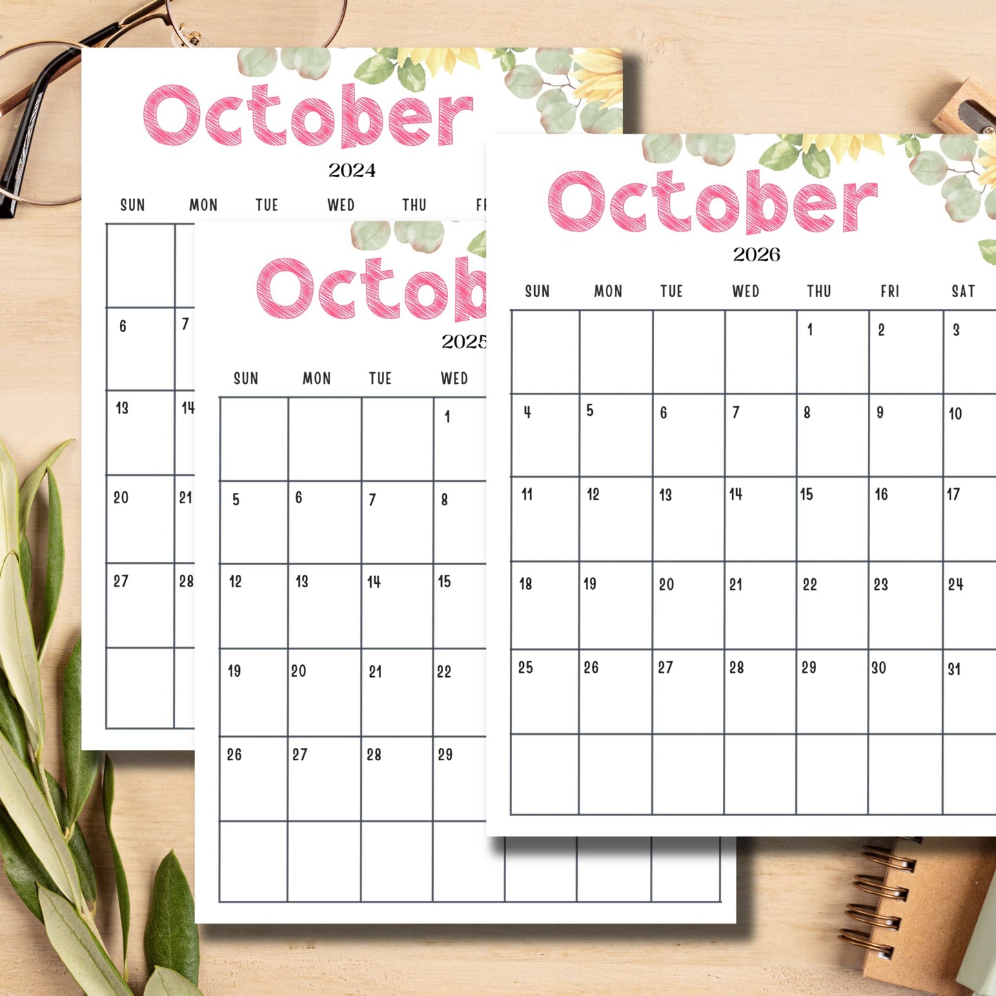Side-by-side layout of October calendar pages for 2024, 2025, and 2026, featuring consistent design with pink headers and green leaf accents on white background.