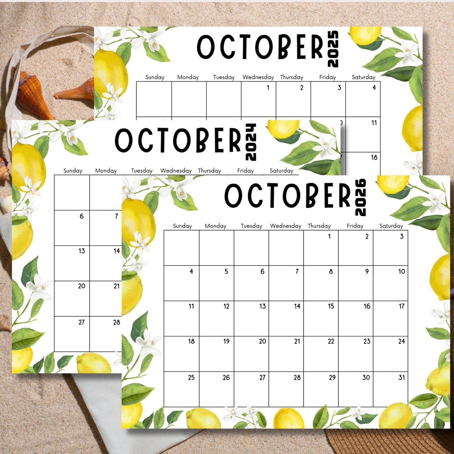 Three overlapping October calendars with lemon theme, displayed on beige surface. Decorative elements include partial views of seashell and orange cone.