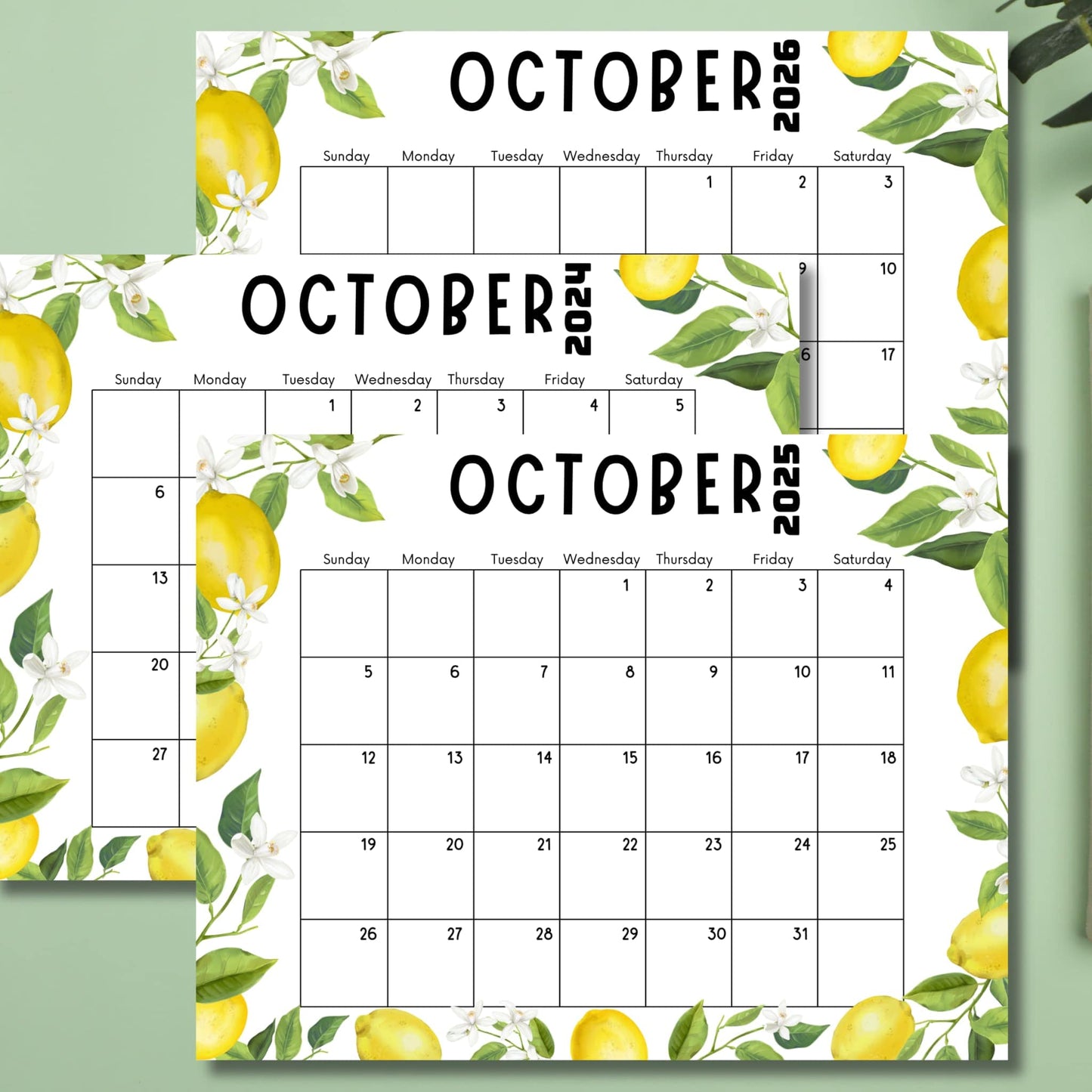 Three stacked October calendars with lemon motif against light green background. Calendars feature yellow lemons, white flowers, and green leaves border.