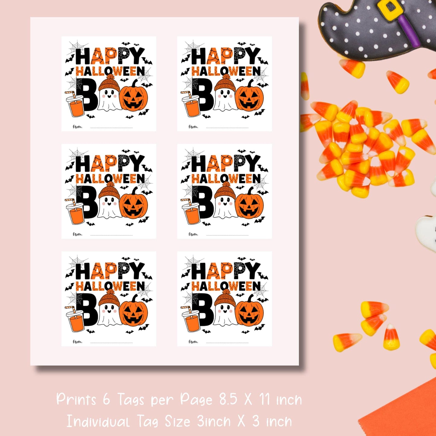 Printable sheet of orange and black Halloween favor tags featuring cute ghost, pumpkin, and "Boo" text, 6 tags per 8.5x11 inch page