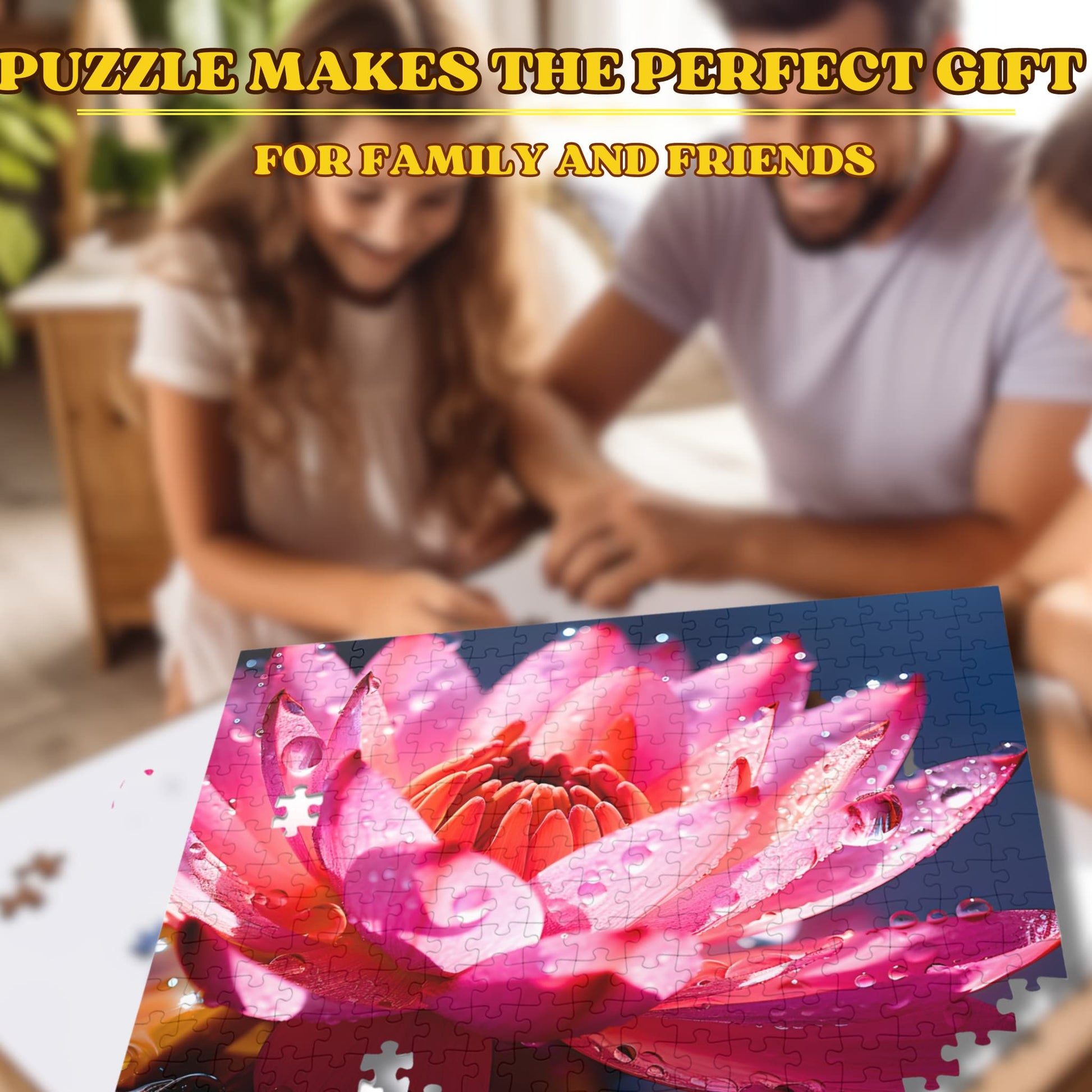 A joyful family, adults, and children alike, engaging in piecing together the 1000 piece pink lotus flower puzzle, exemplifying a fun, quality family time activity.