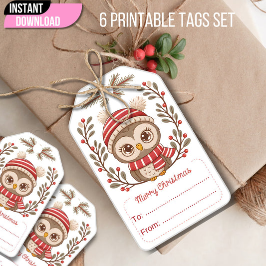 Closeup of Christmas penguin gift tag tied with jute twine, featuring penguin in red striped winter accessories and 'Merry Christmas' text on kraft paper background