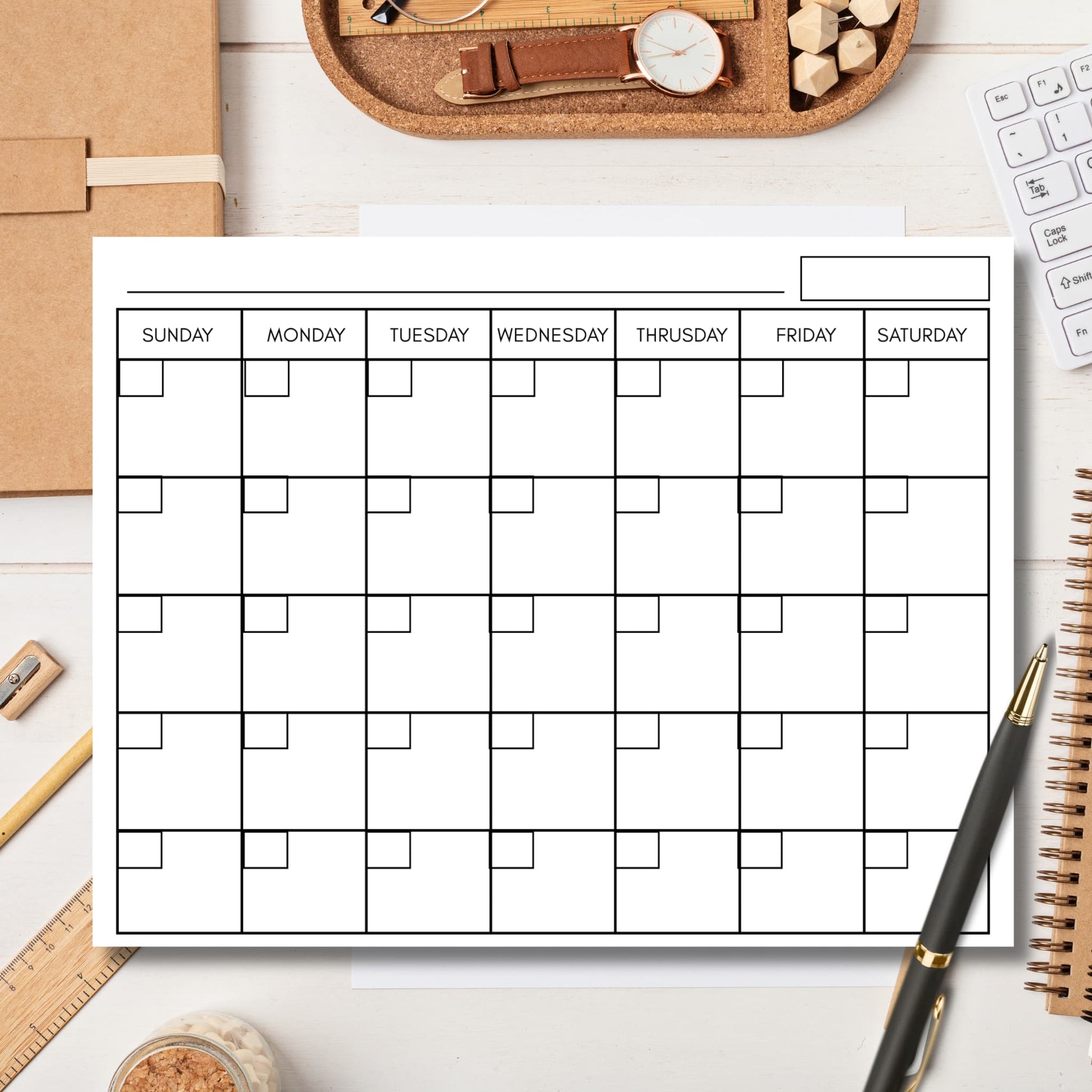 Perpetual calendar template with date boxes on organized home office desk with pen and supplies.