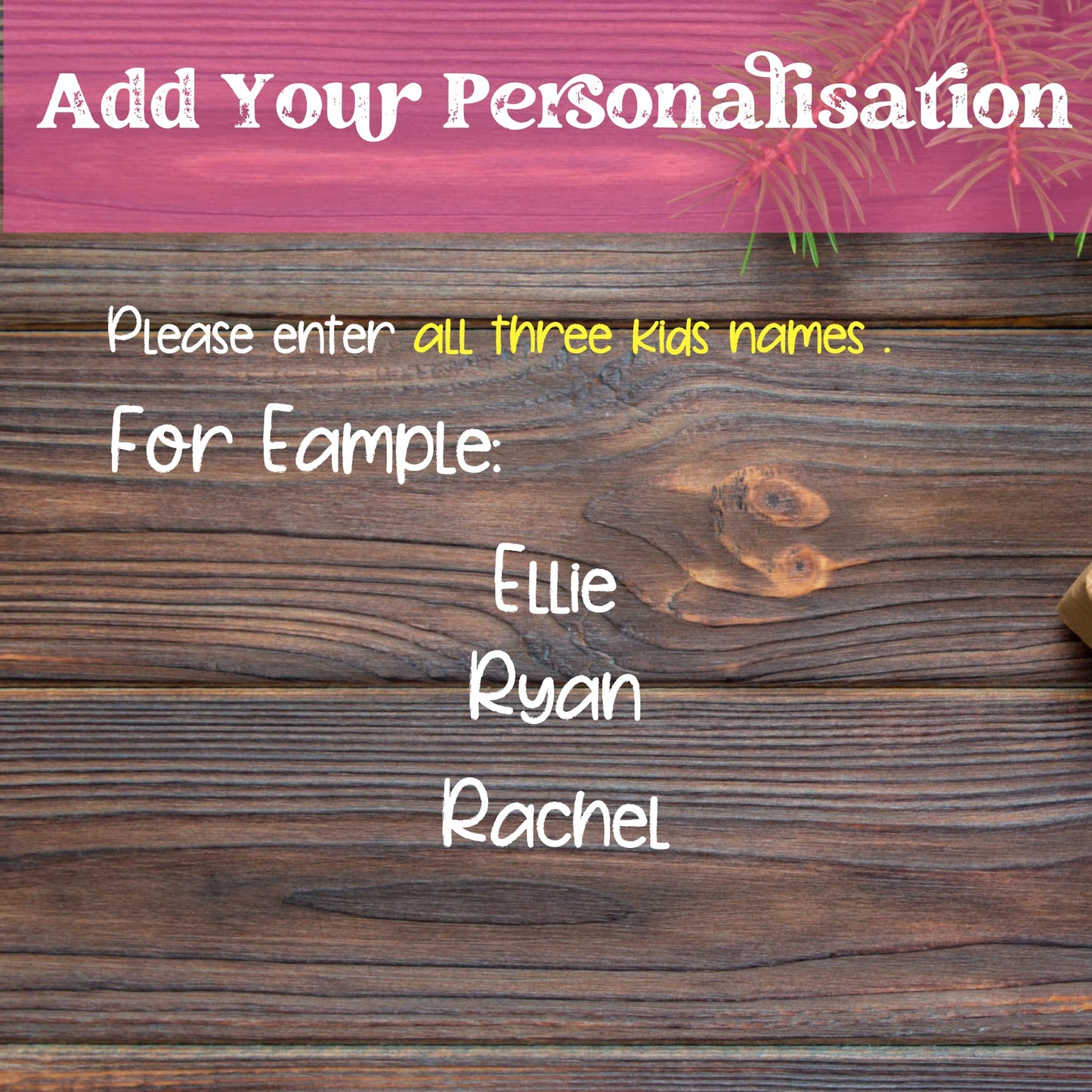 Instructional image on how to personalize Custom Christmas Elf Ornaments with names.