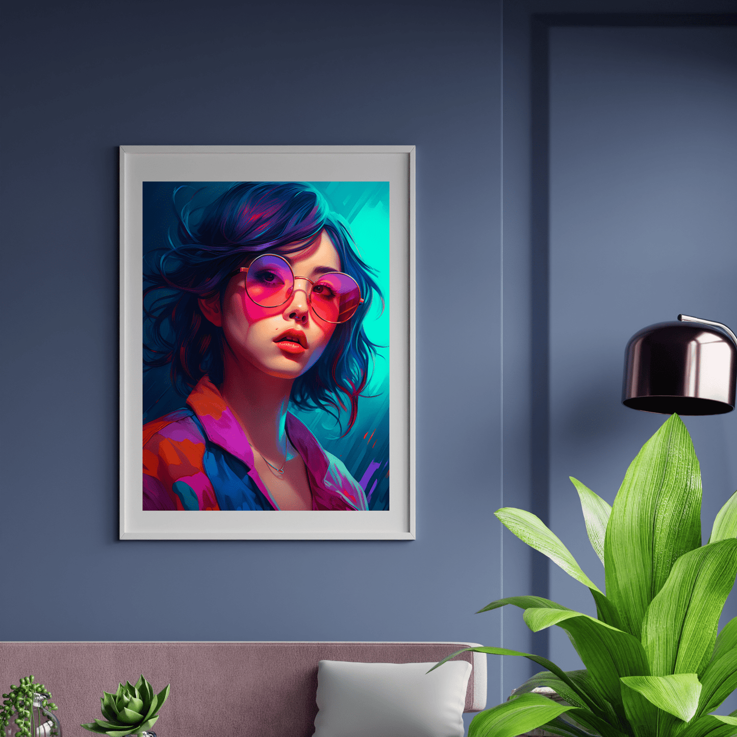 white framed poster of a woman with glasses in vibrant colors on a bluish wall of a living room