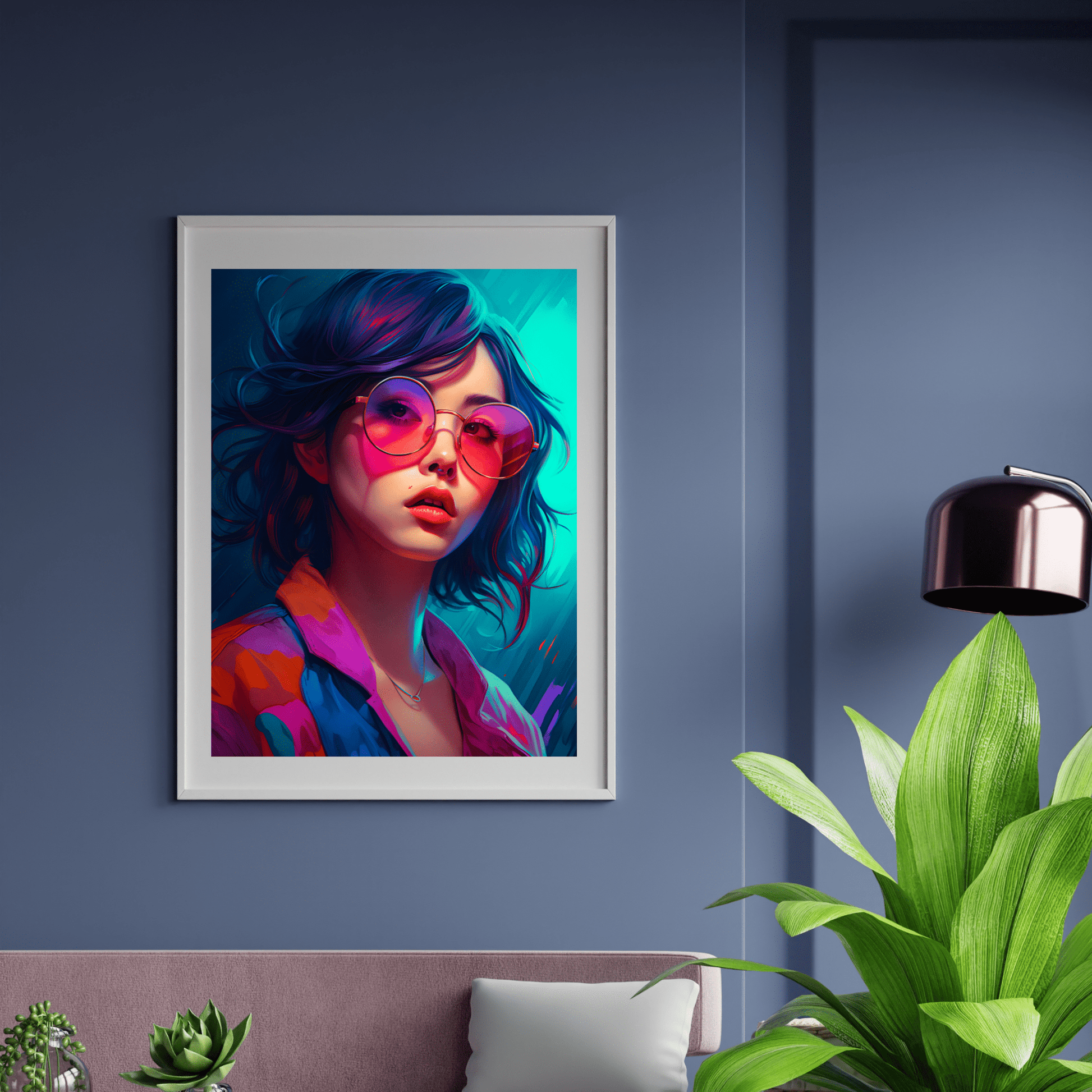 white framed poster of a woman with glasses in vibrant colors on a bluish wall of a living room