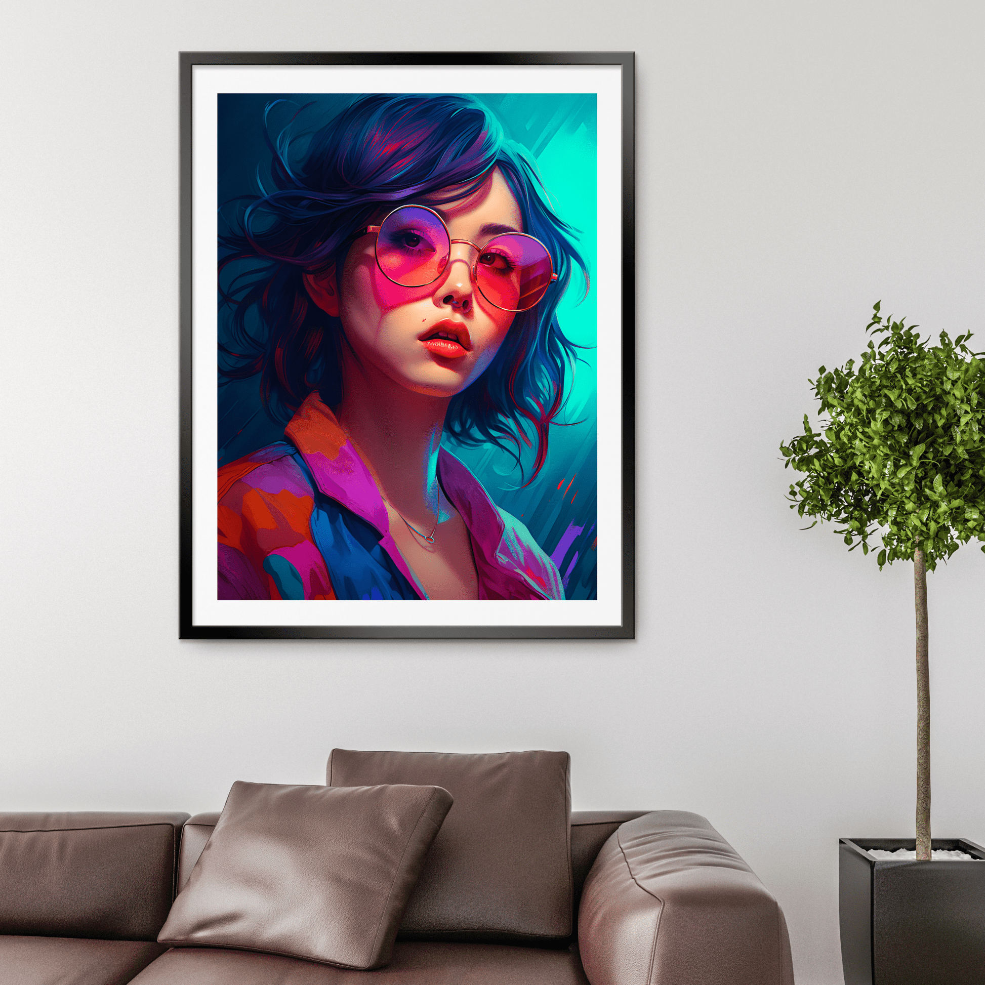 framed poster of a colorful woman on a white wall of a living room
