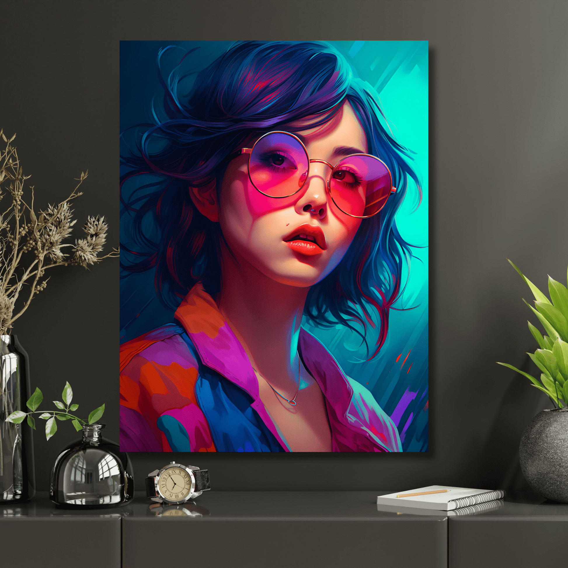printed canvas of a stunning colorful asian woman in colors of teal and pink hanged on a black wall