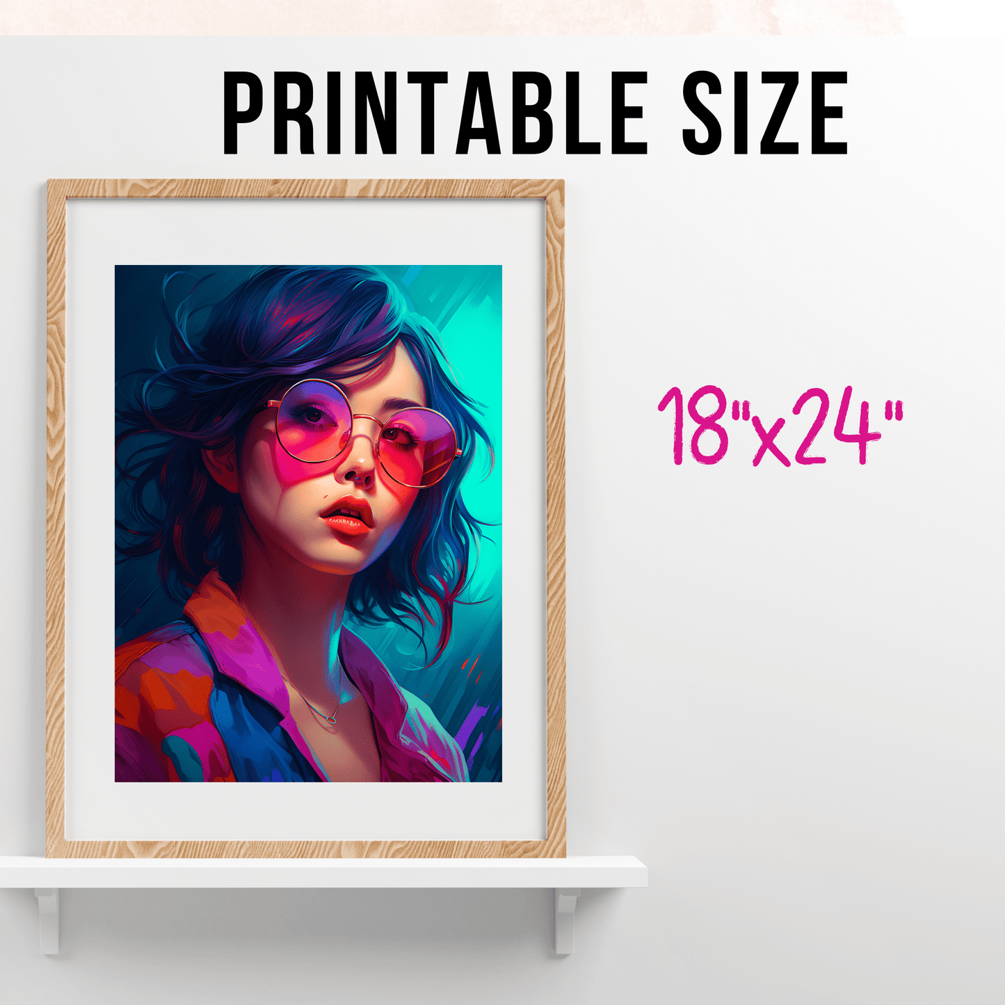 printable size direction for a framed colorful poster of a asian woman