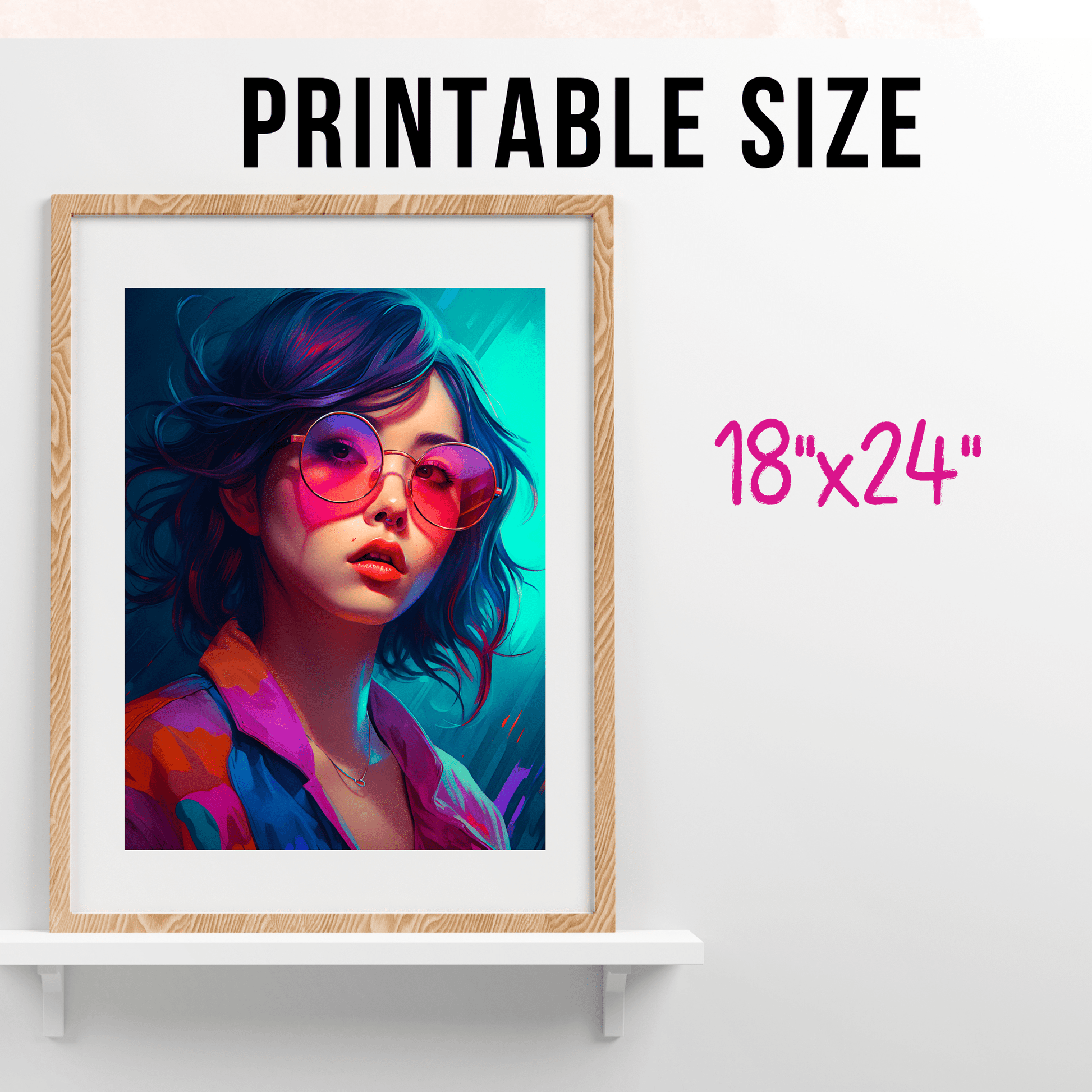 printable size direction for a framed colorful poster of a asian woman