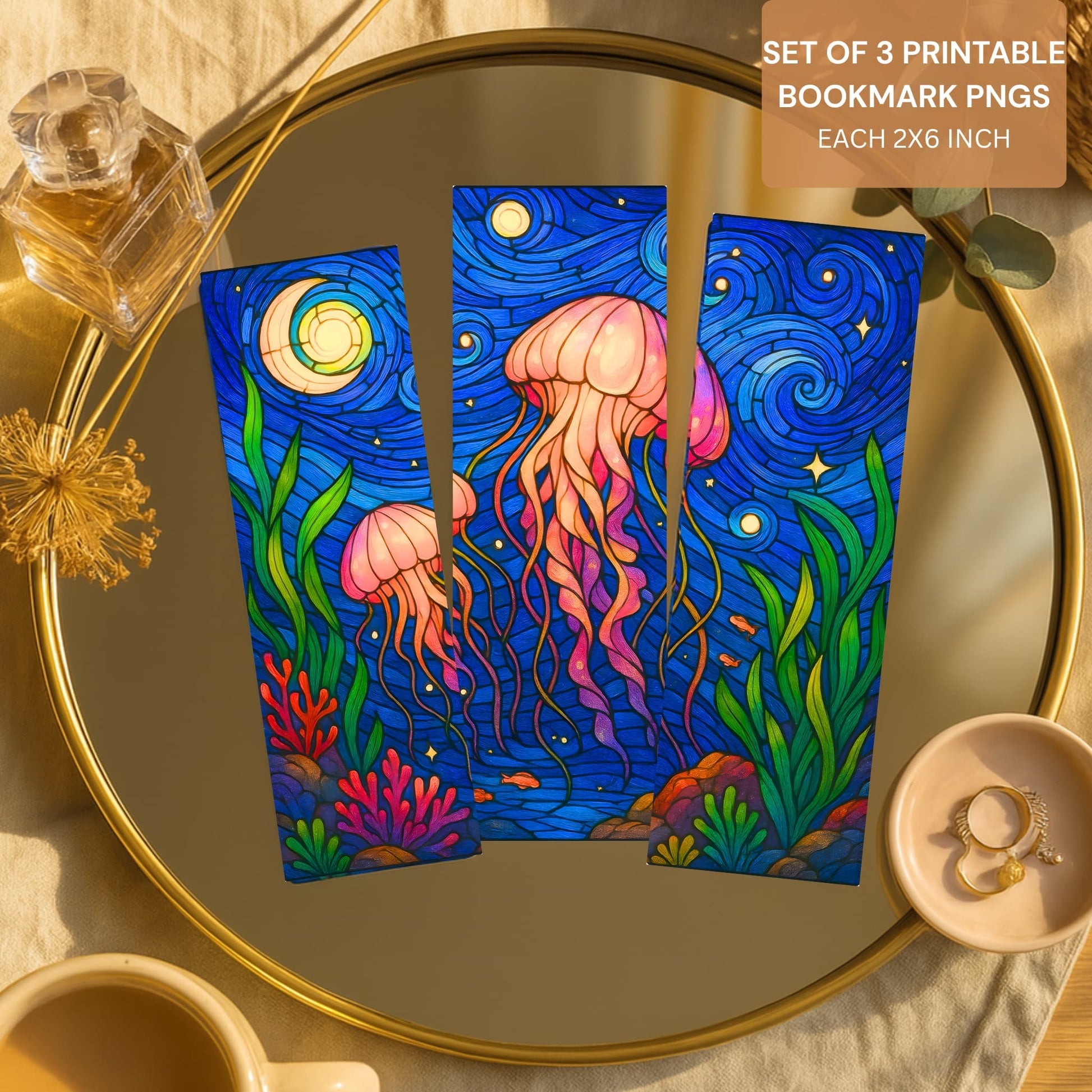 Set of three printable jellyfish bookmarks featuring blue ocean waves and pink coral marine life
