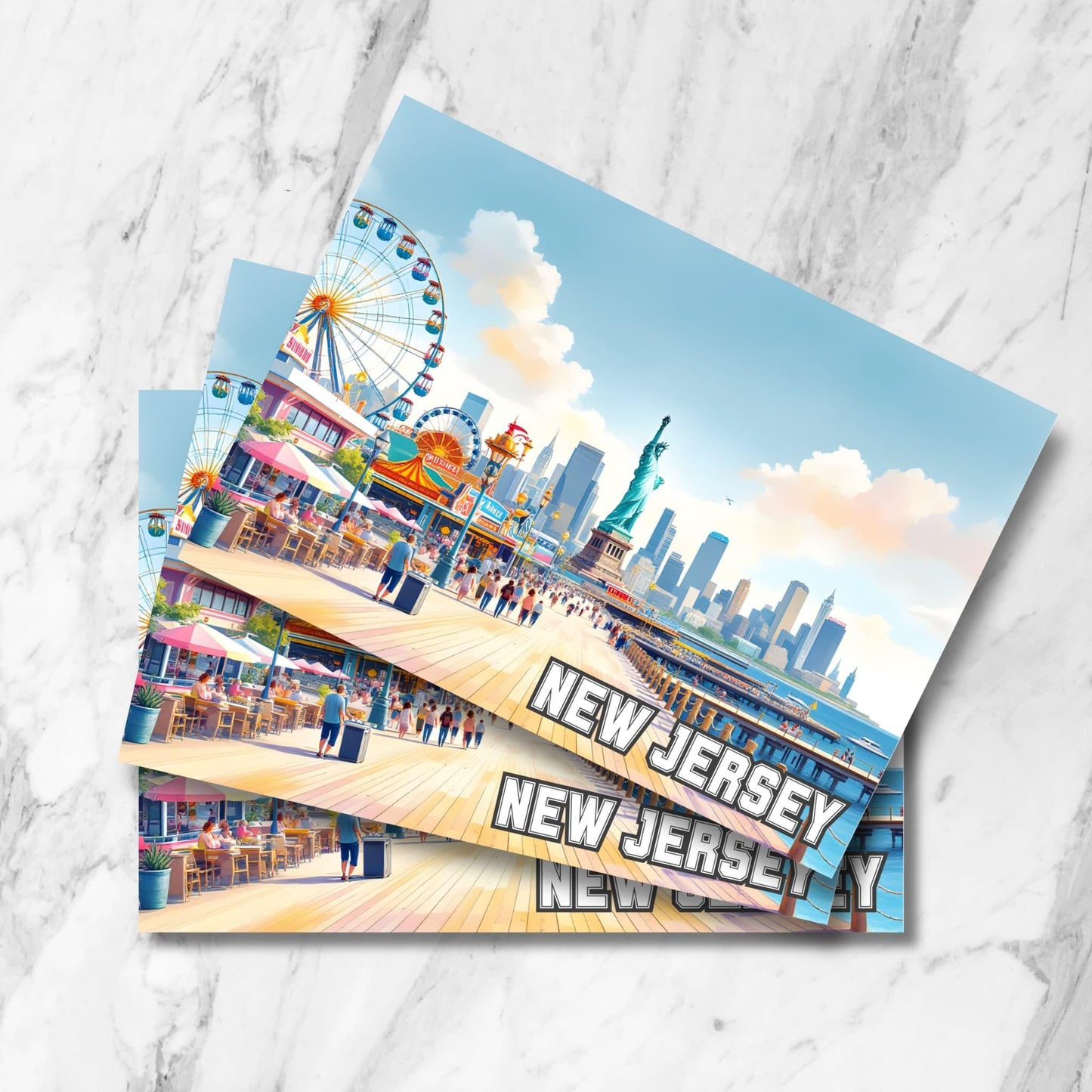 Colorful boardwalk in New Jersey featuring diners, games, ferris wheel and iconic Manhattan view.