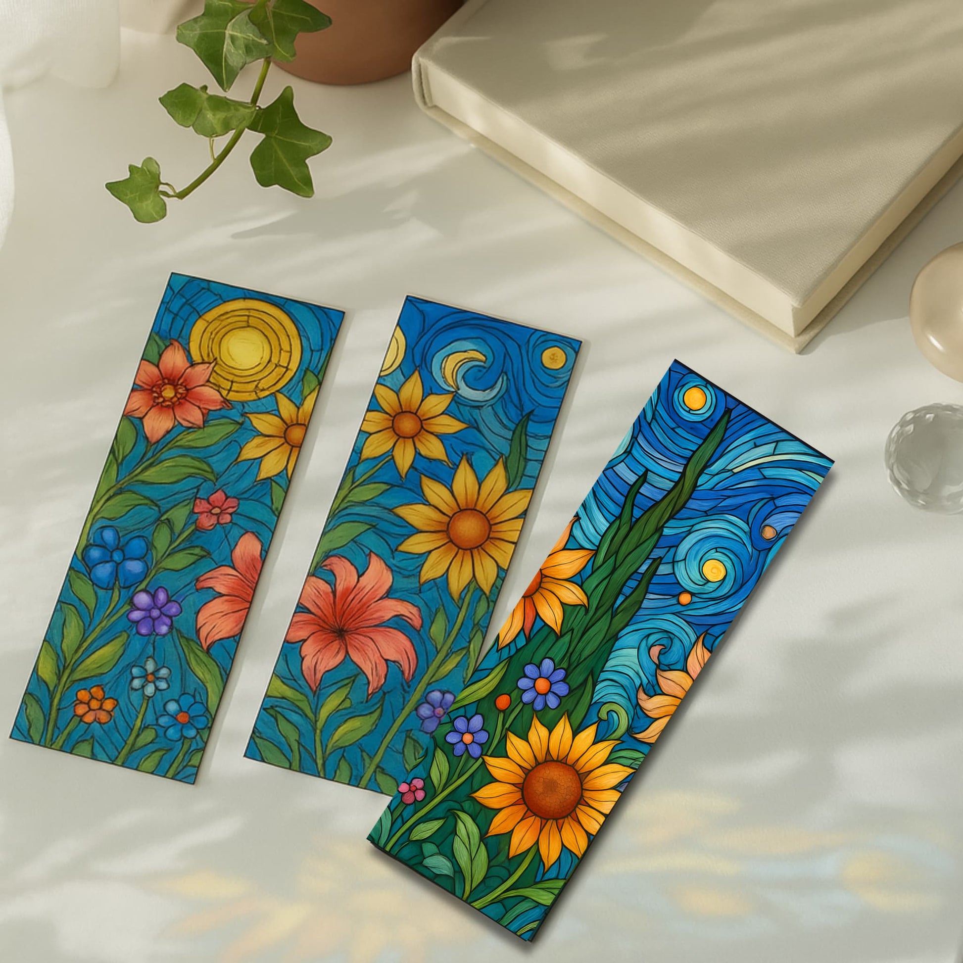 Three printable sunflower stained glass bookmarks with blue backgrounds on clean white marble surface
