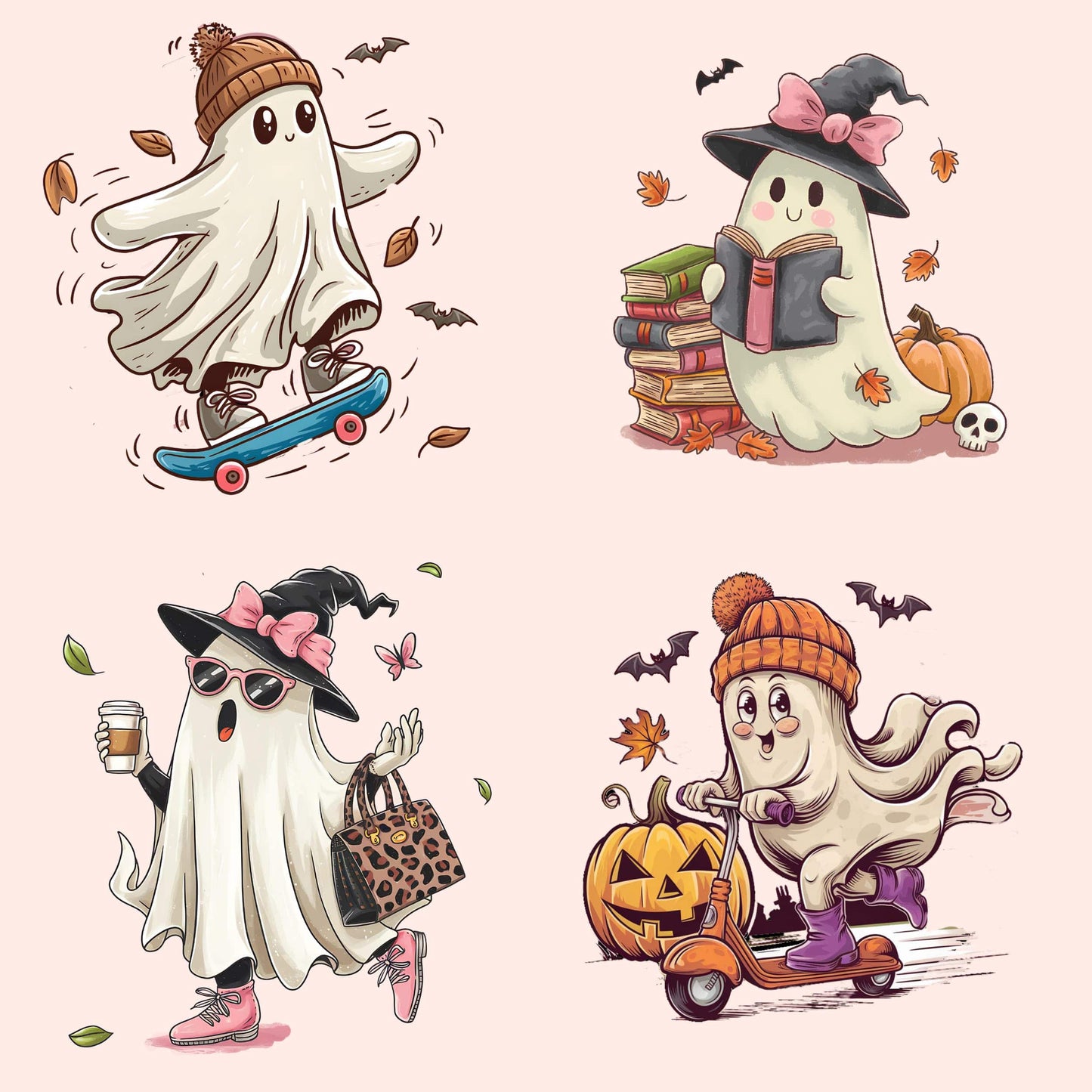 Set of four retro Halloween ghost cliparts showing skateboarding, reading, shopping, and scooter riding on salmon background