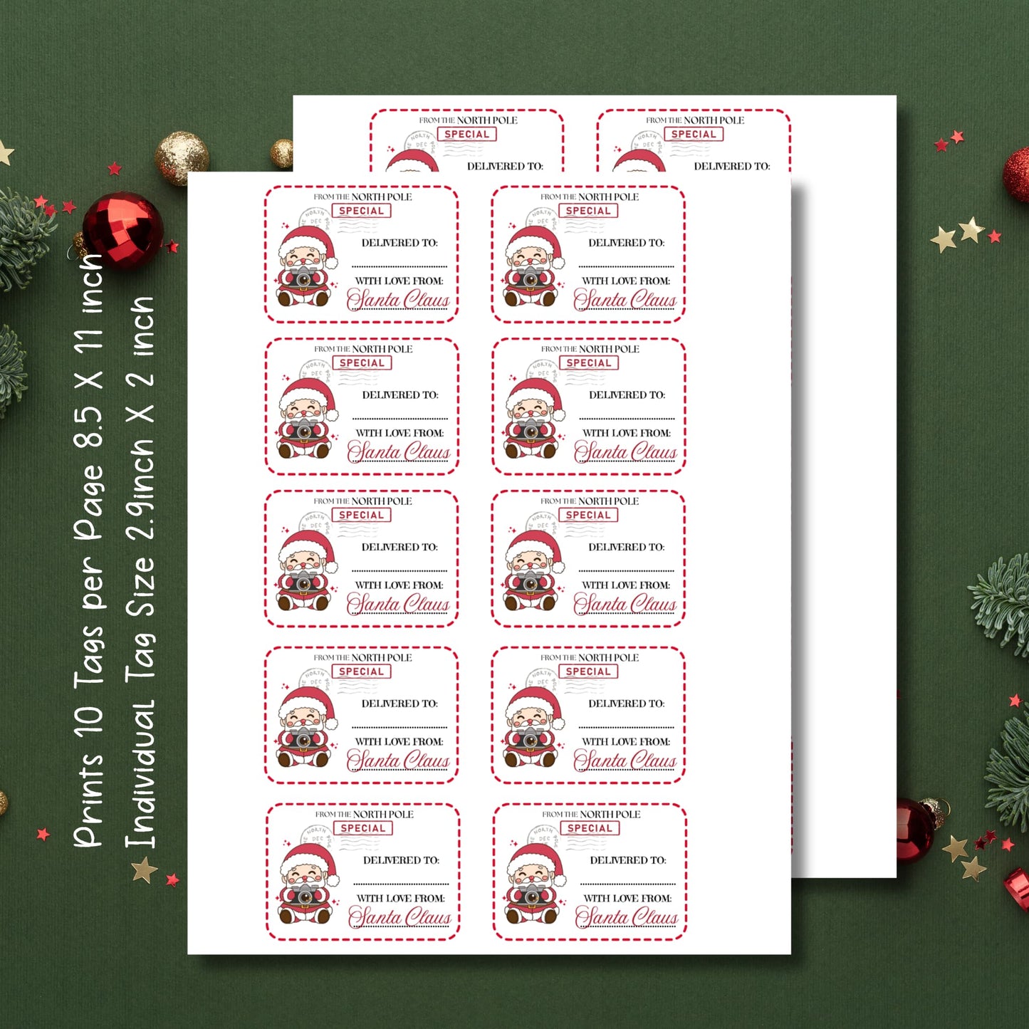 Printable 8.5 x 11 inch sheet with 10 North Pole Special Delivery tags featuring cute cartoon Santa holding camera, bordered with red dotted lines and Christmas decorations on green background