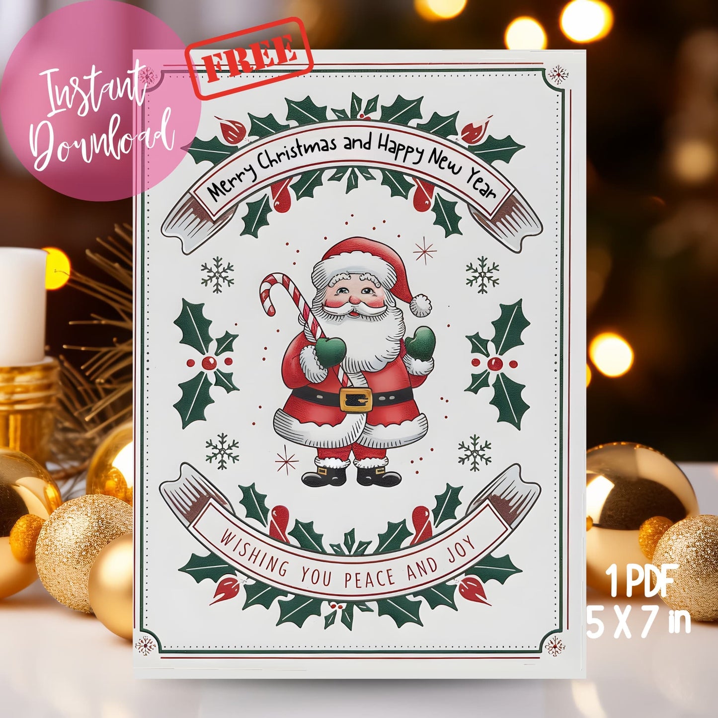 Free downloadable holiday card featuring vintage-style Santa Claus with holly wreath border and festive banners, displayed with gold ornaments and warm bokeh lighting, 5x7 inch format