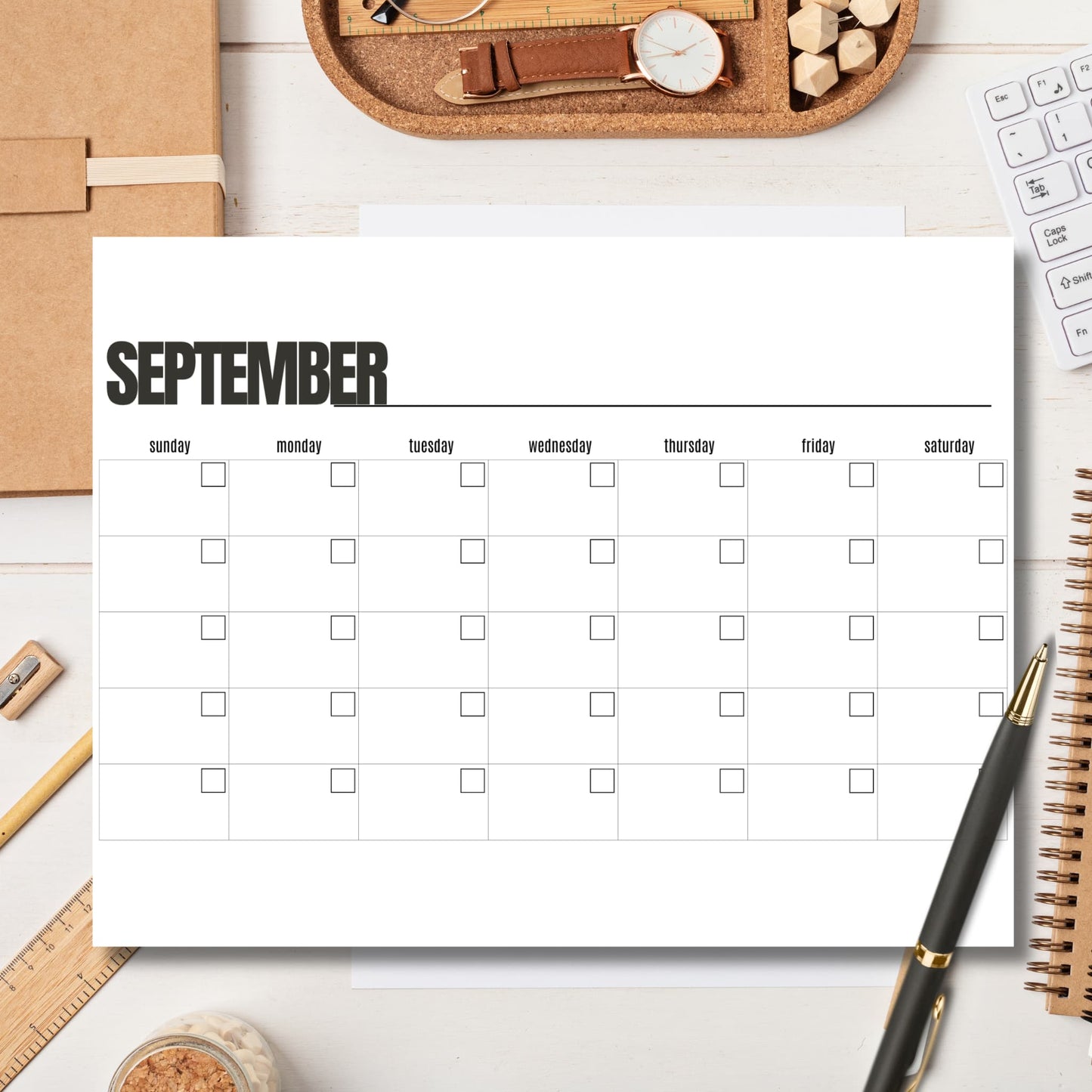 September blank calendar on organized workspace with cork tray, gold pen, ruler and spiral notebook