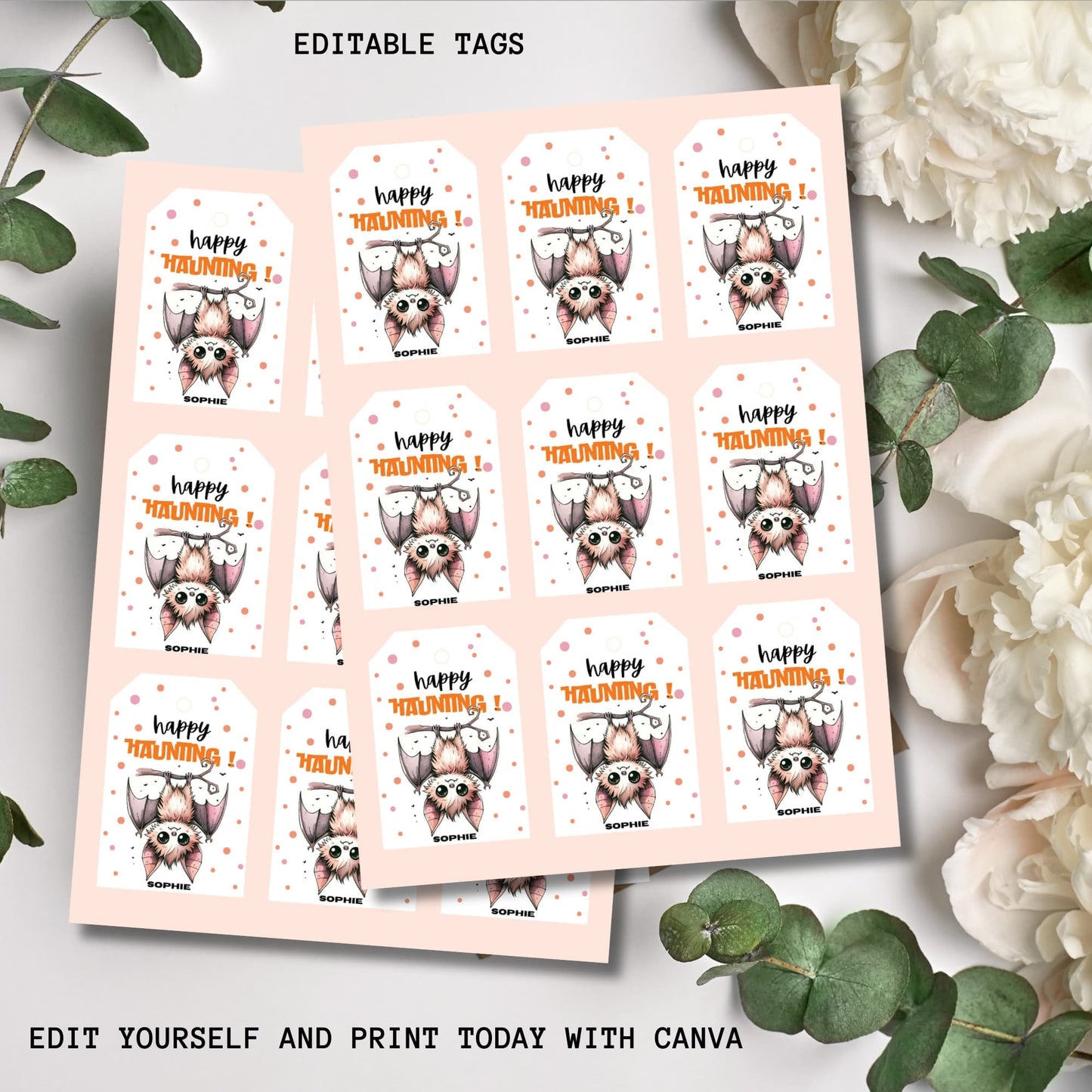 Sheet of Bat-themed printable Halloween tags.