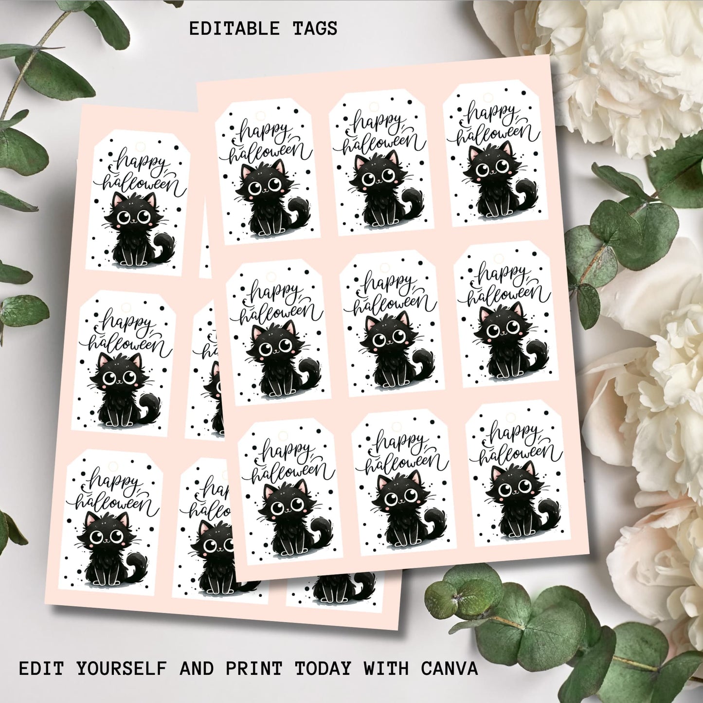 Sheet showcasing the variety of Black and White Halloween printable tags.