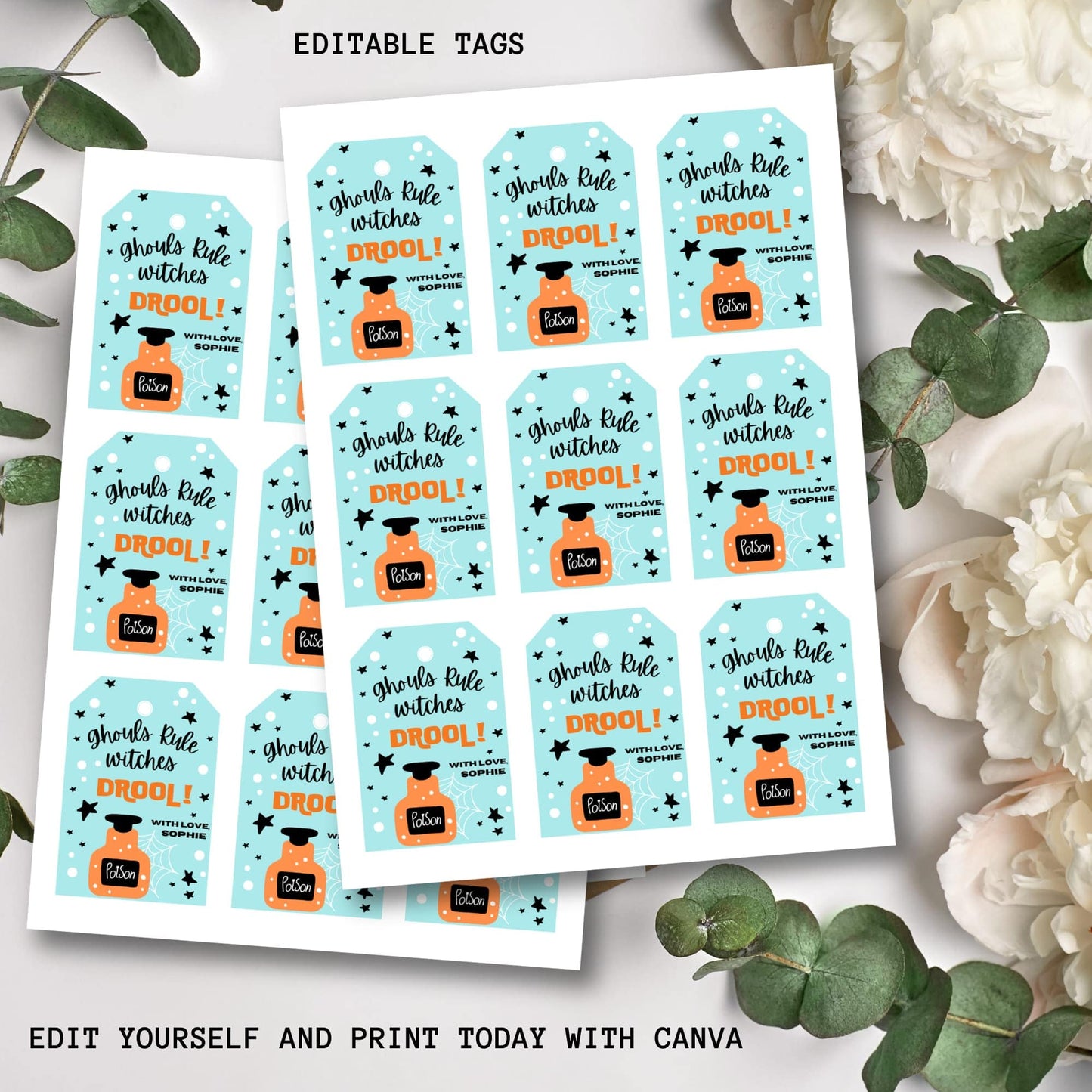 Sheet of printable Halloween tags.