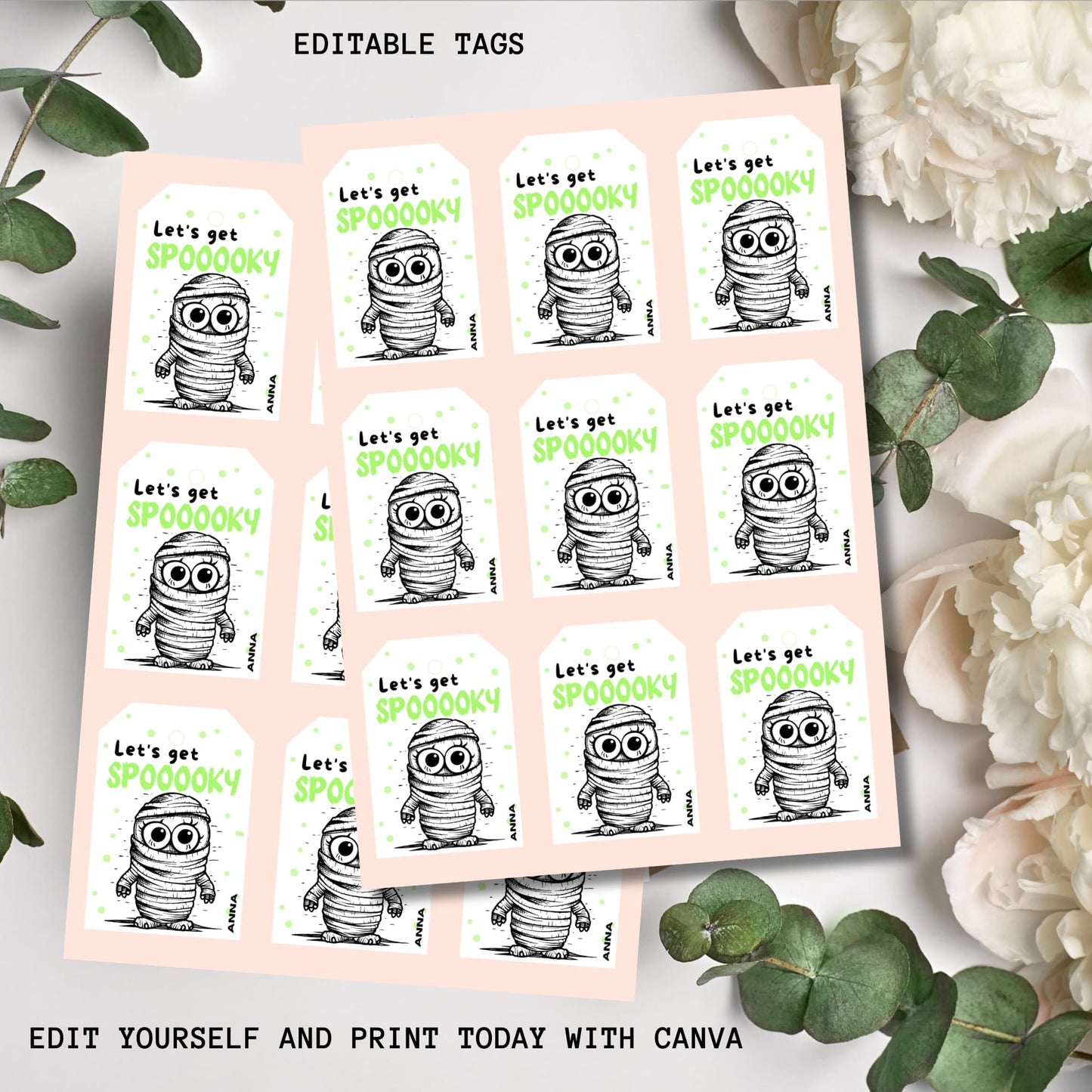 Sheet of Mummy-themed printable Halloween tags.