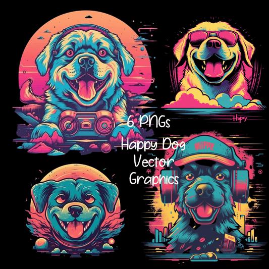 Vector Happy Retrowave Dog Clipart Images 2023 6 PNG Bundle Set - Print on Demand Free Download - Instant Download