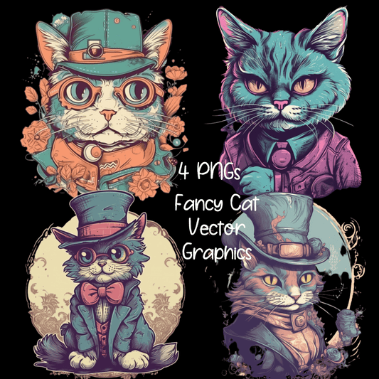 Vector Fancy RetroPunk Cat Clipart Images 2023 6 PNG Bundle Set - Print on Demand Free Download - Instant Download