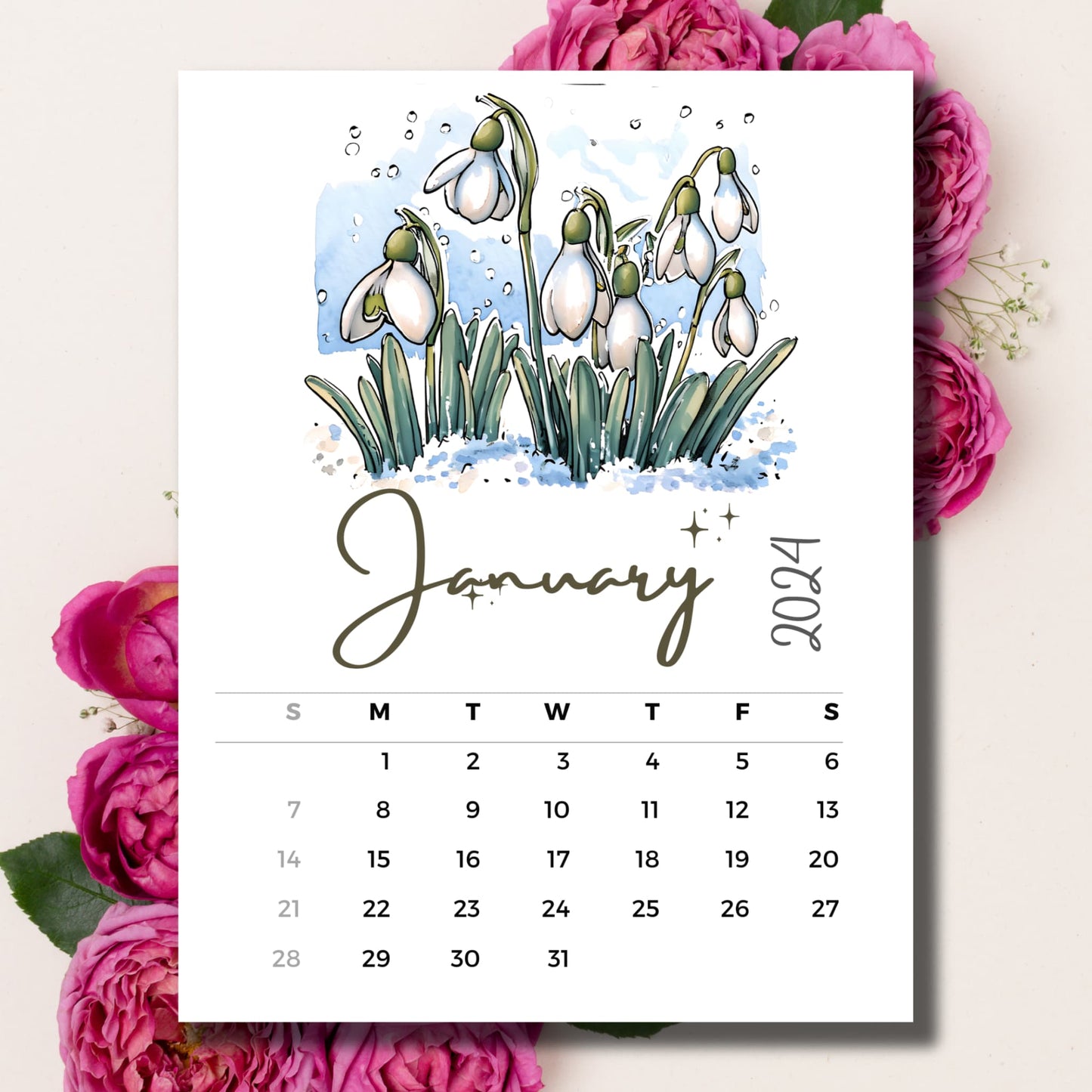 Snowdrops floral 2024 calendar on beige background with pink peonies.