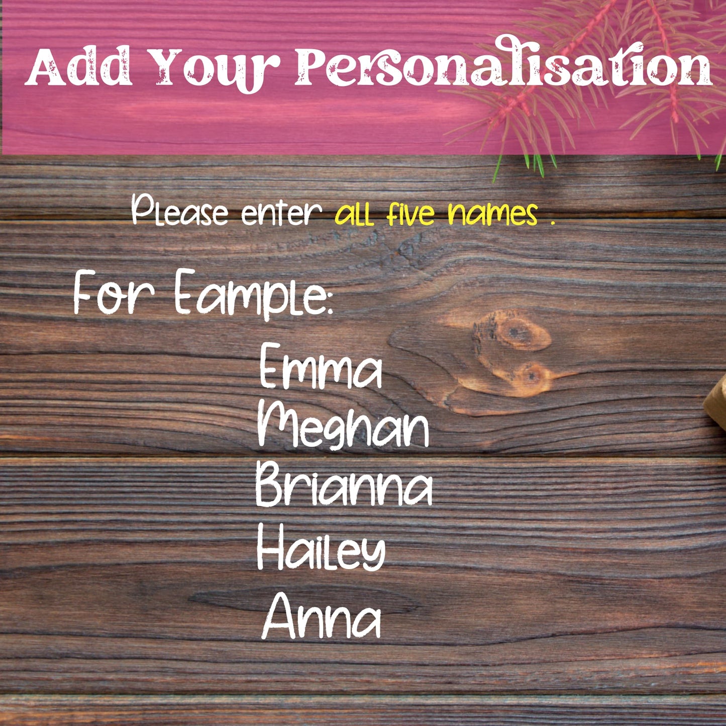 Personalization instructions for Soul Sisters ornament showing example of five names - Emma, Meghan, Brianna, Hailey, and Anna - displayed on rustic wood background with pink header 'Add Your Personalisation'