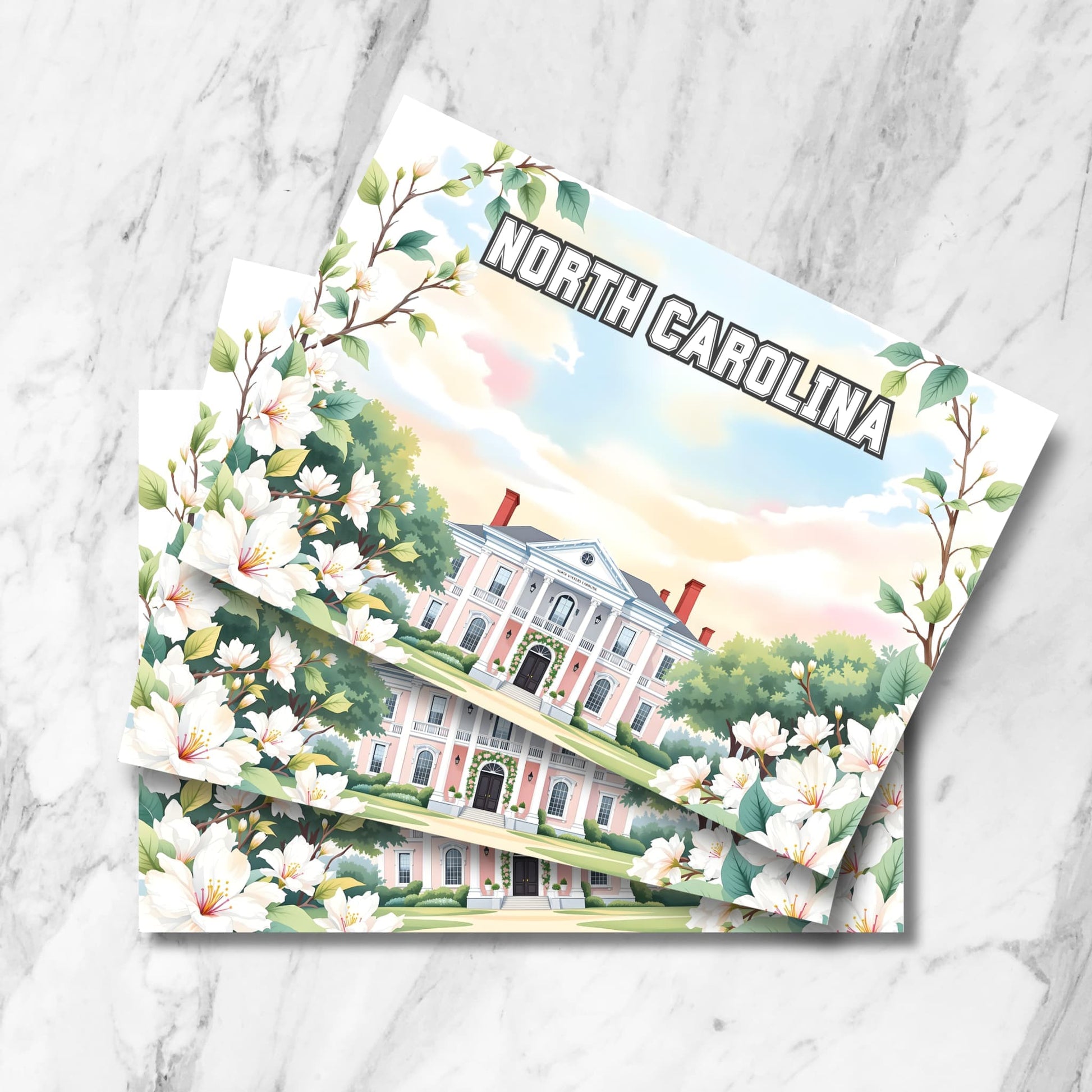 North Carolina digital print of pink Southern mansion framed by magnolia flowers and spring trees