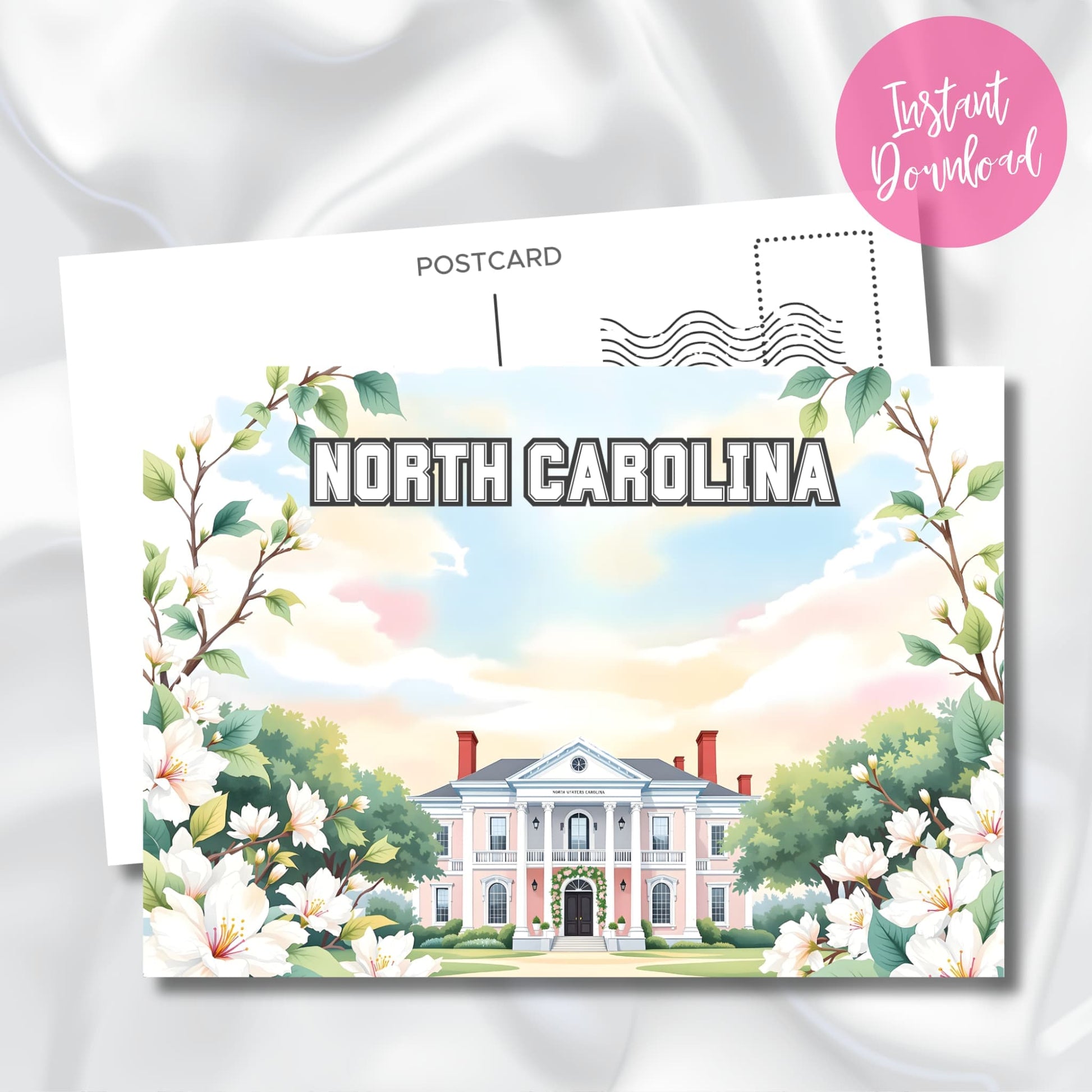 Instant download postcard of historic pink mansion in North Carolina with soft sunset and floral frame