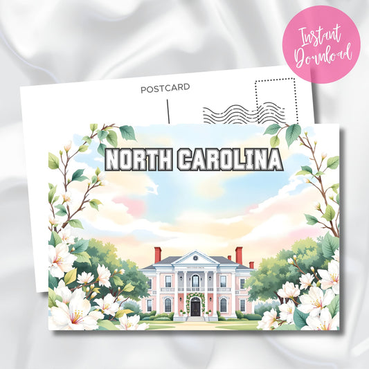 Instant download postcard of historic pink mansion in North Carolina with soft sunset and floral frame