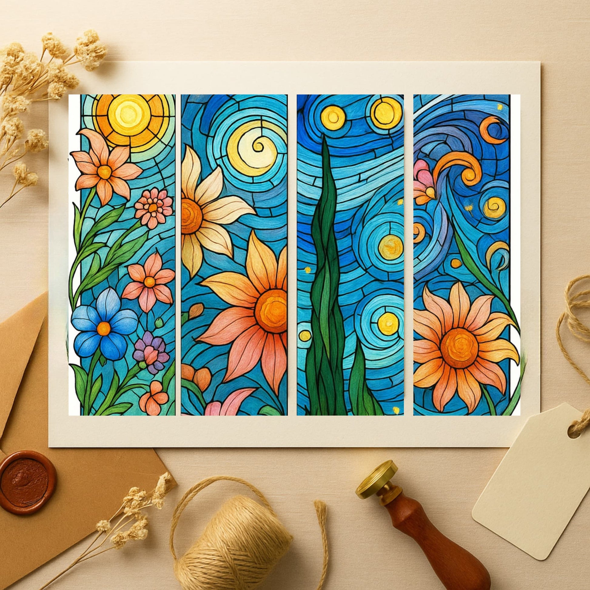 Four stained glass bookmark designs displayed on craft paper with dried flowers and wax seal supplies