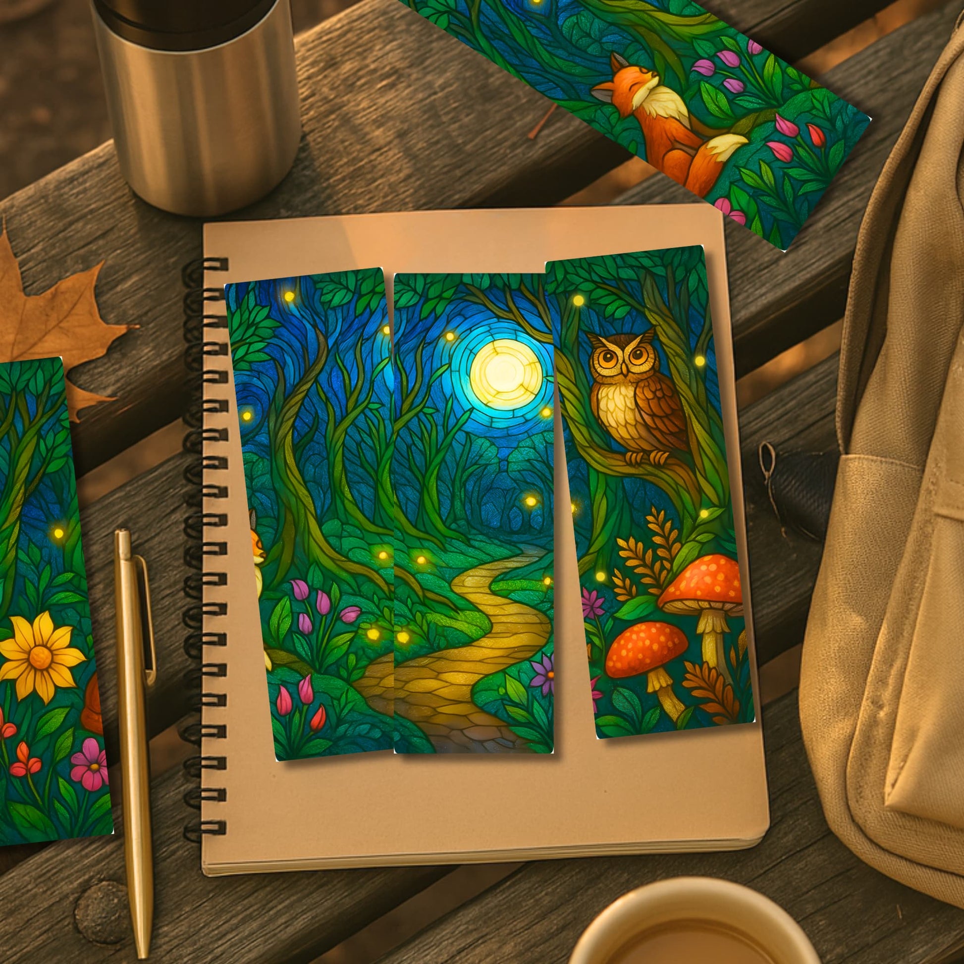 Stained glass woodland bookmarks featuring owl and moonlit forest path in cozy journal workspace setting