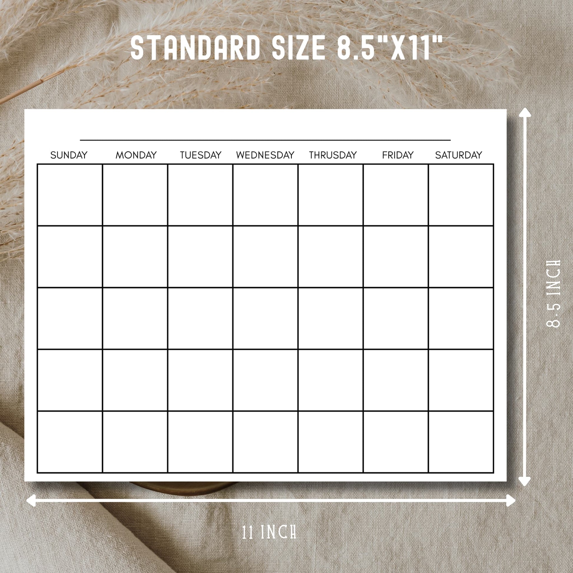Standard 8.5x11 inch blank calendar template with size dimensions on neutral linen background