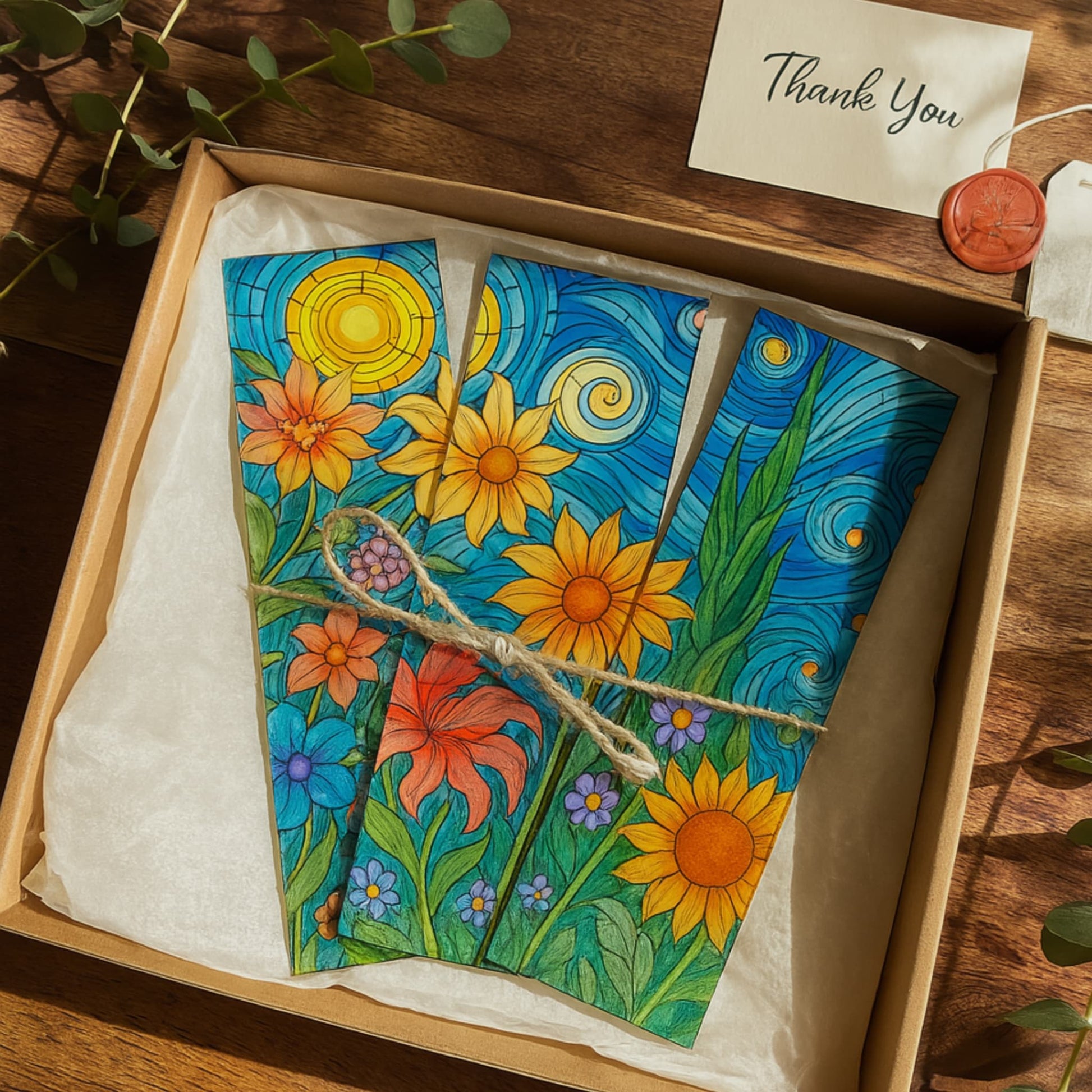 Three sunflower stained glass bookmarks bundled in wooden gift box with thank you card and twine