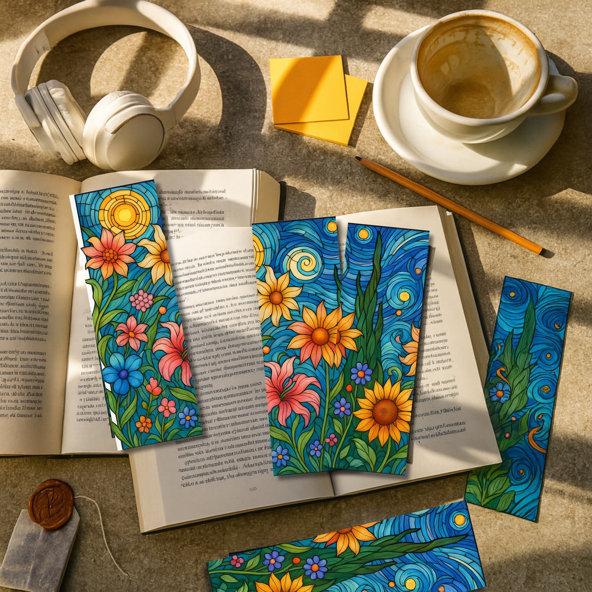 Stained glass sunflower bookmarks scattered around open book with white headphones and coffee cup
