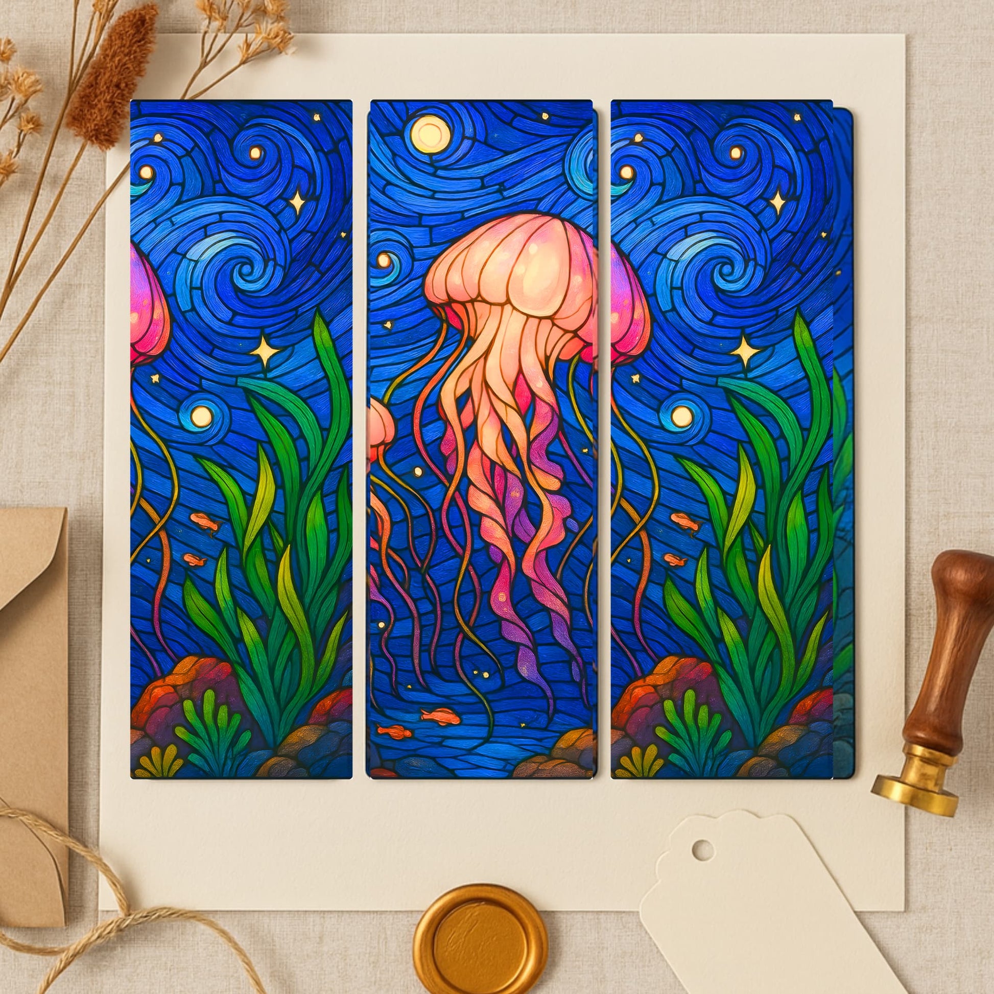 Three stained glass jellyfish bookmarks with swirling blue ocean and coral seaweed on white background
