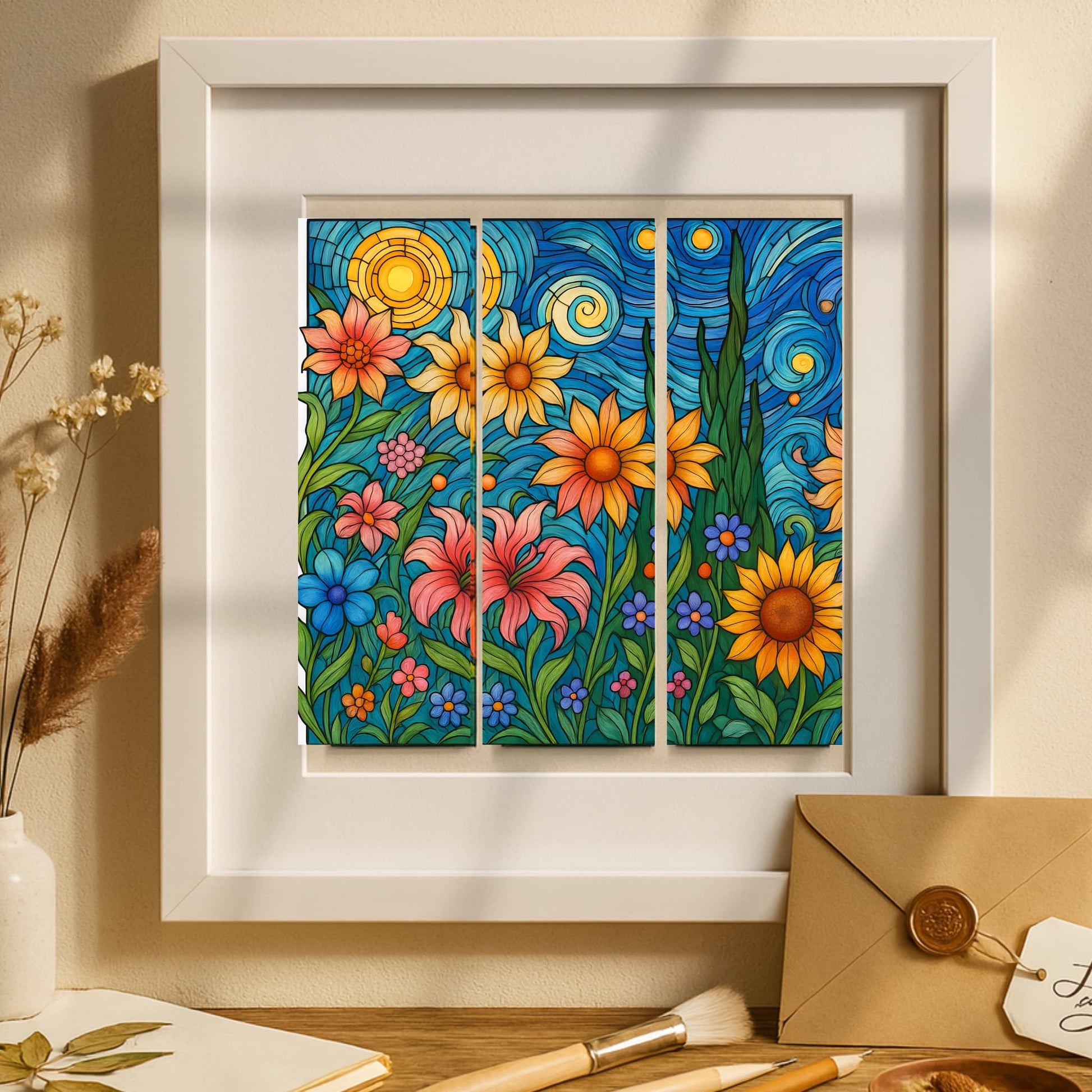 Three stained glass sunflower bookmarks with blue swirls and wildflowers displayed in white frame
