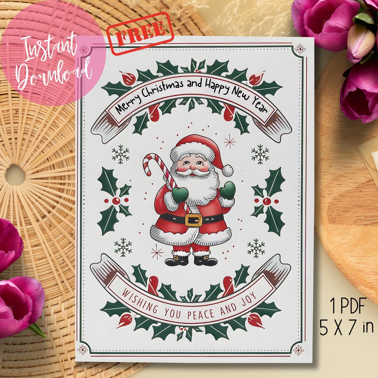 Printable Merry Christmas card with classic Santa illustration and holly decorations, shown with pink tulips and bamboo mat, instant download PDF 5x7 inches.