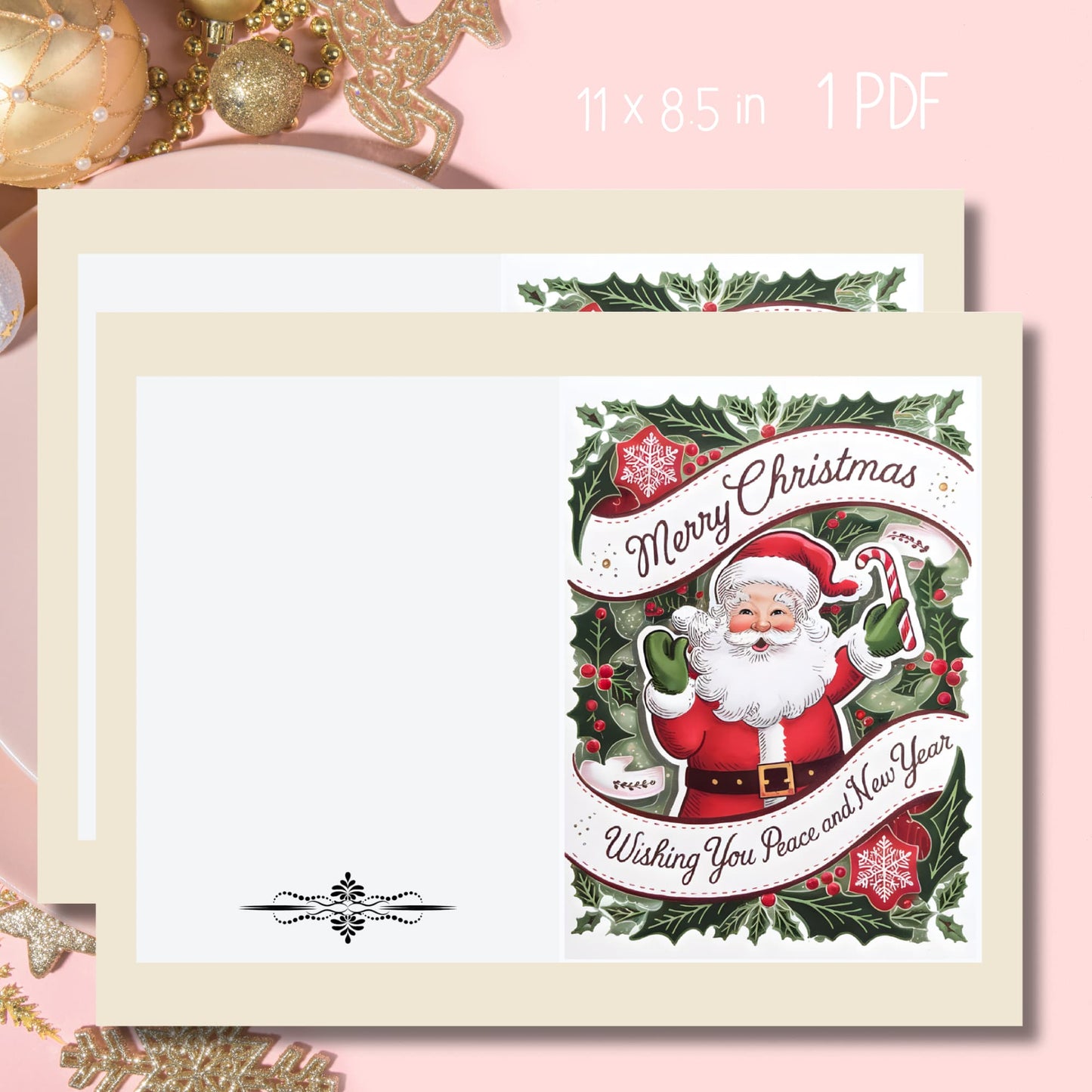 Traditional Christmas greeting card with Santa illustration and holly frame, elegant writing space design, shown on pink background with gold decorations, 8.5x11 inch PDF format