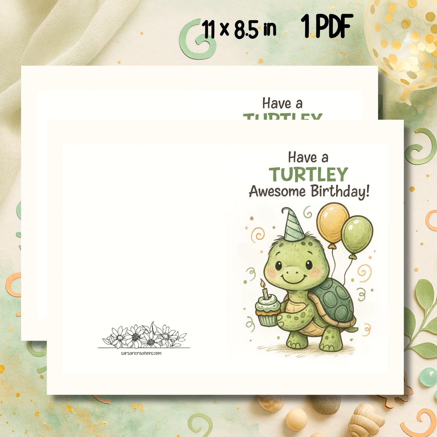 Have a TURTLEY Awesome Birthday cute turtle card with balloons and cupcake on beige confetti background.