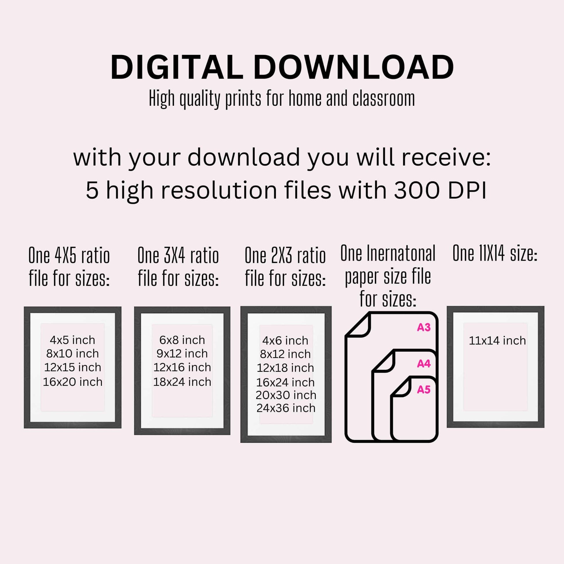 Digital download guide showing five high-resolution file formats with various print size ratios for the US state abbreviations printable wall art