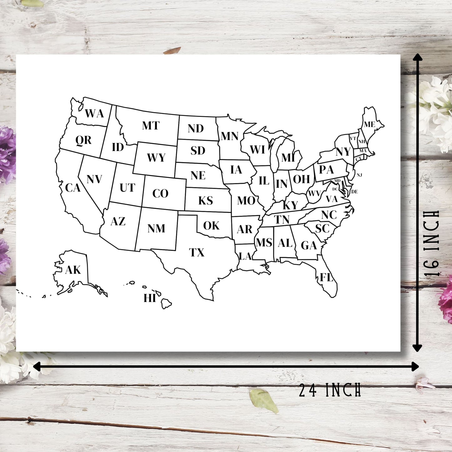 USA map with state abbreviations showing 24x16 inch dimensions. Black outline on white background with all 50 states including Alaska and Hawaii.