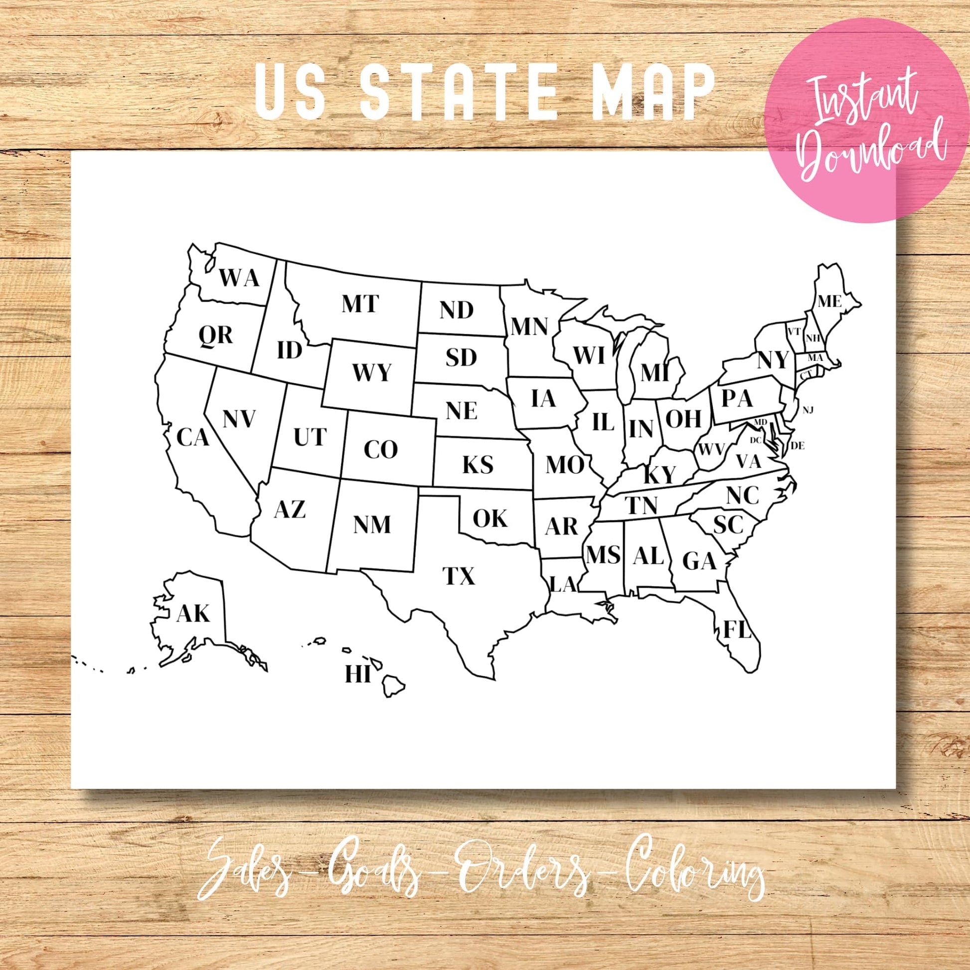USA state map outline with instant download badge. Black and white printable design for sales tracking and coloring on wooden background.