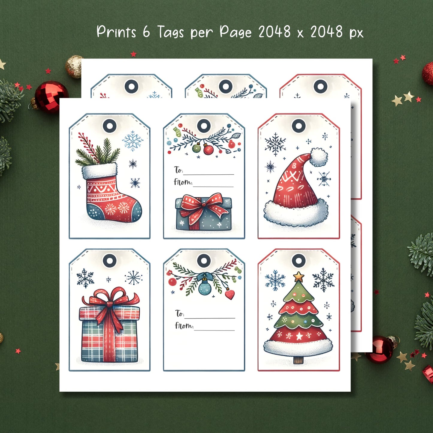 Set of six vintage-style Christmas gift tags featuring festive illustrations including Christmas stocking, wrapped present, Santa hat, and decorated tree on green background with decorative elements