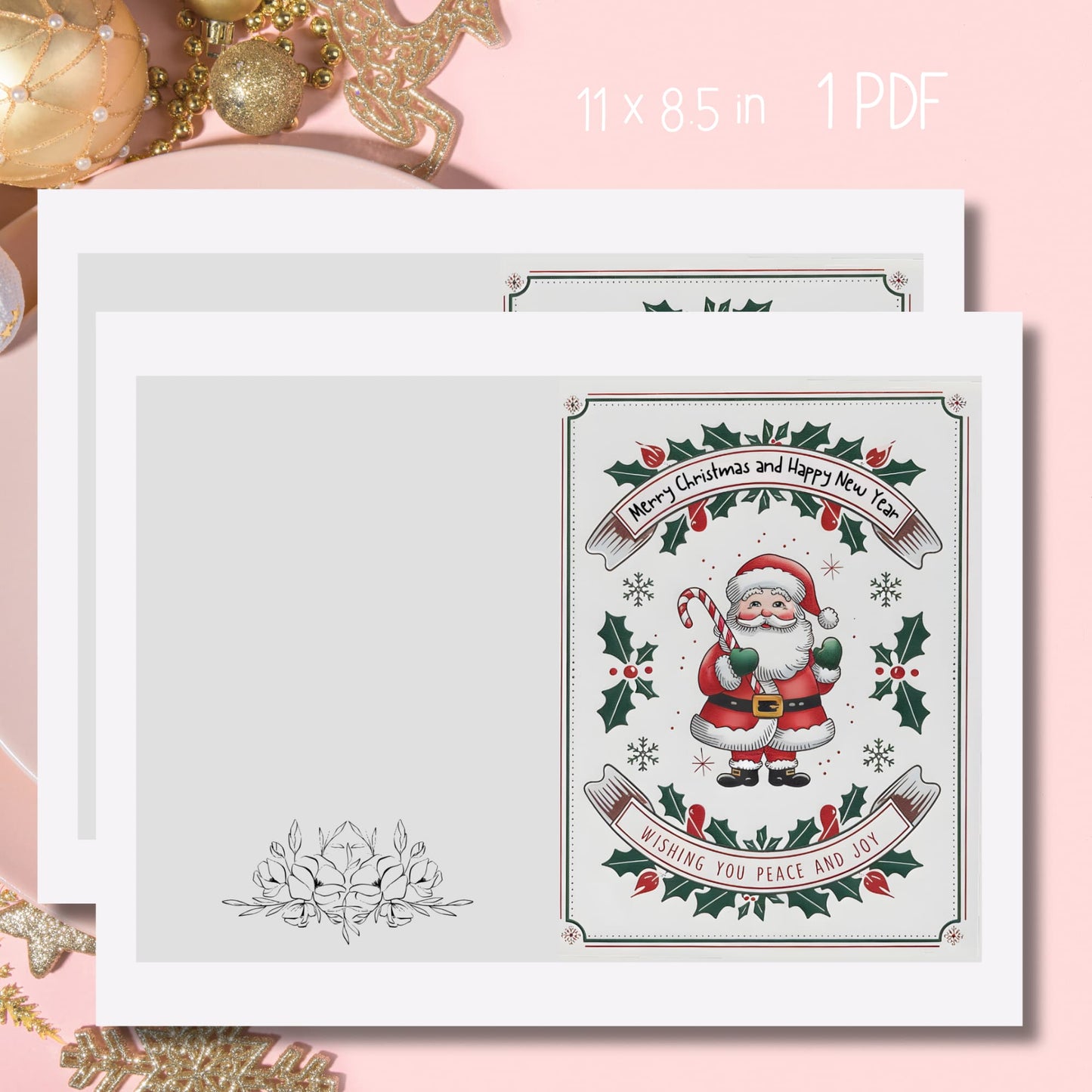 Printable Christmas card with jolly Santa Claus, holly leaves, and candy cane design in traditional red and green, shown on pink background with gold ornaments, 11x8.5 inch PDF format