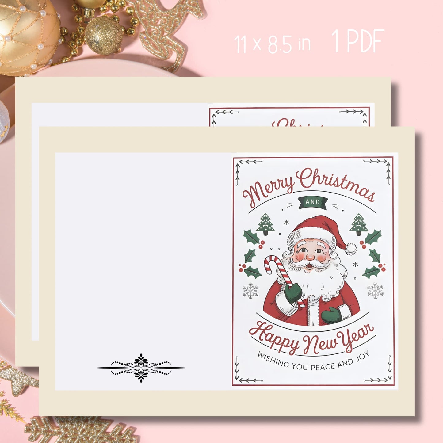 Vintage style Christmas and New Year card with Santa holding candy cane, decorated with holly and Christmas trees, shown on pink background with gold ornaments, 11x8.5 inch printable format