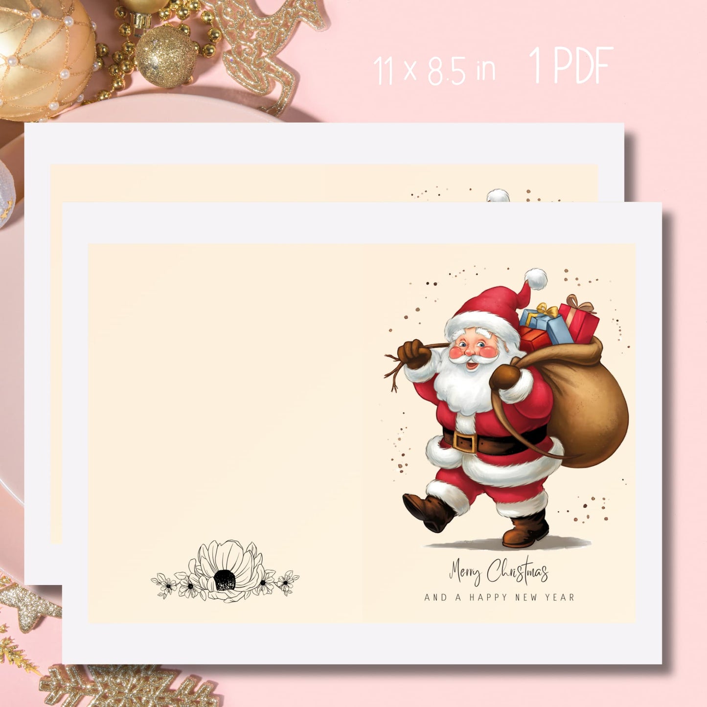 Vintage style Christmas card on cream background with cheerful walking Santa and gift sack, floral border accent, shown with gold ornaments, 8.5x11 inch printable format